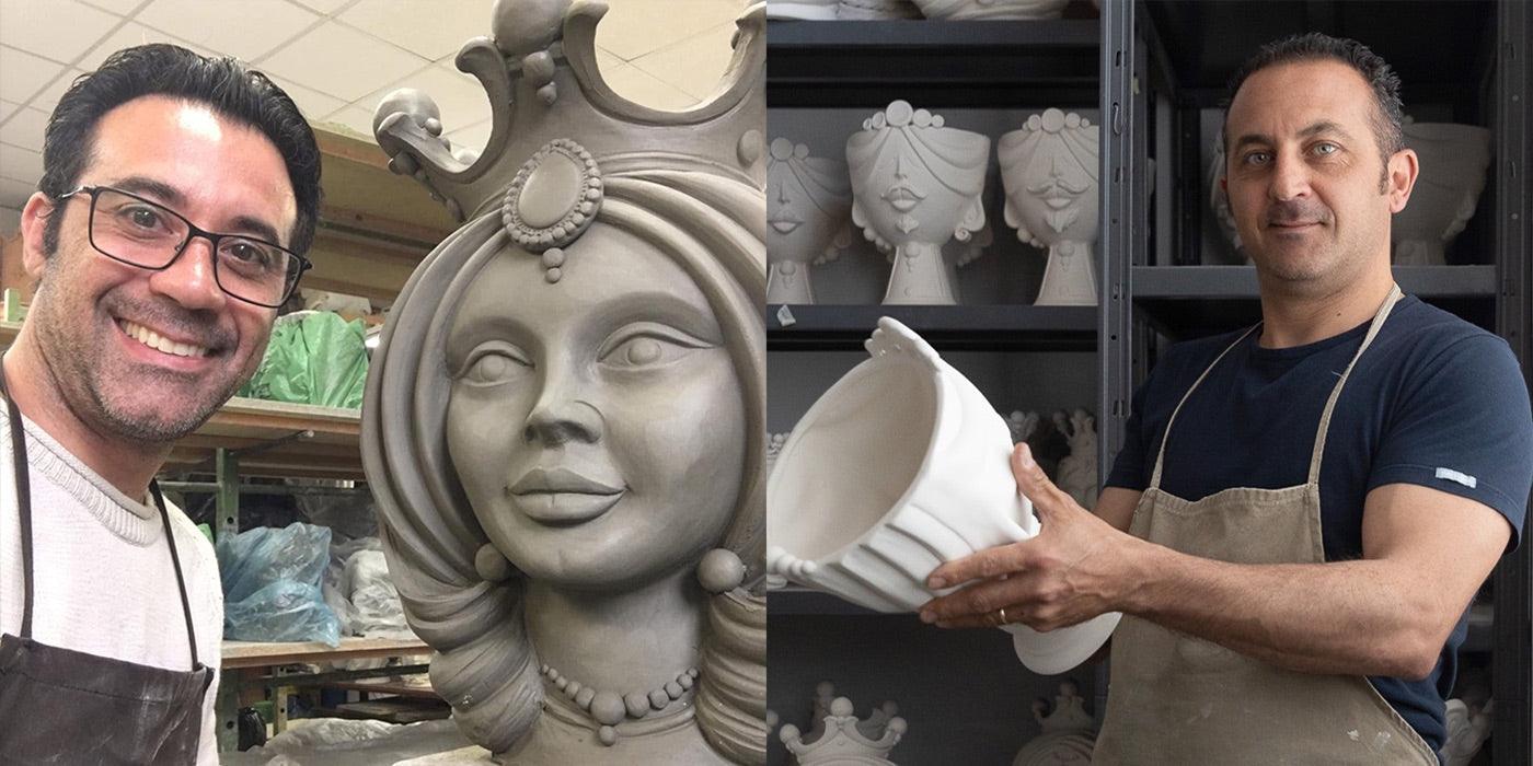 Due artigiani in laboratorio con ceramiche di Caltagirone fatti a mano, teste decorate in argilla e vasi