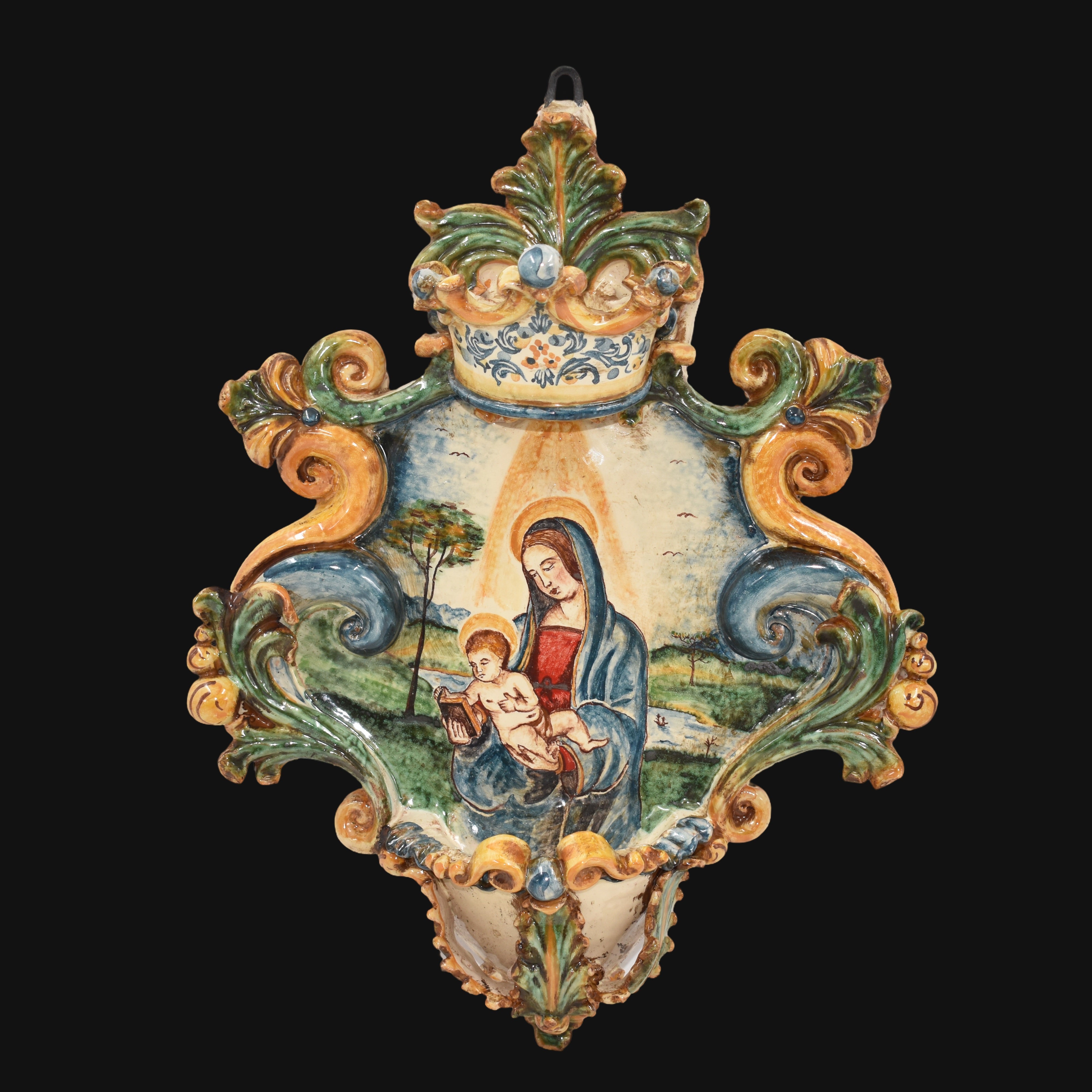 Large holy water stoup 25x35 appl of Raphael/Madonna with tricolour book