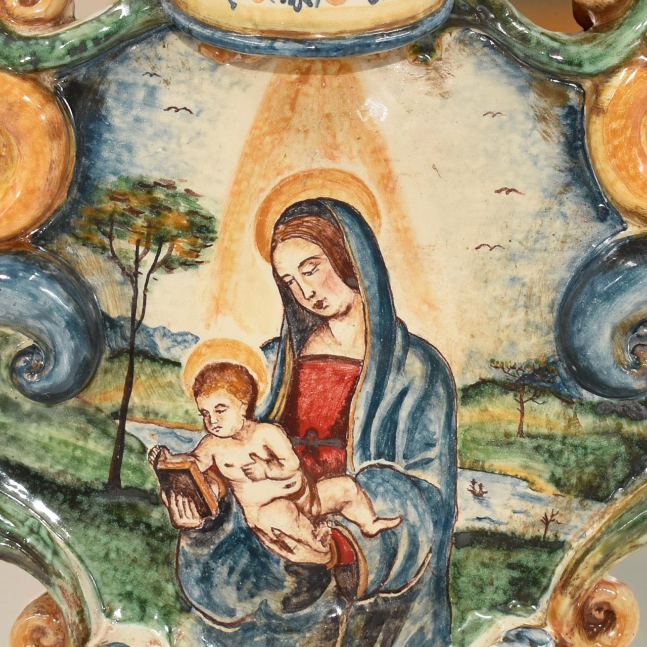 Large holy water stoup 25x35 appl of Raphael/Madonna with tricolour book