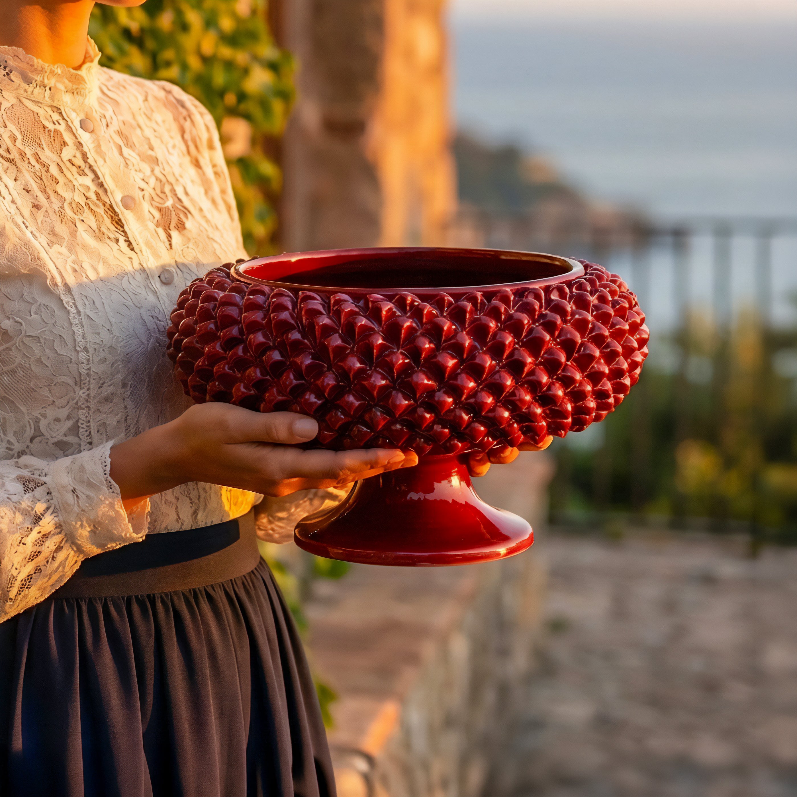 Pinecone stand of Caltagirone modeled by hand bordeaux
