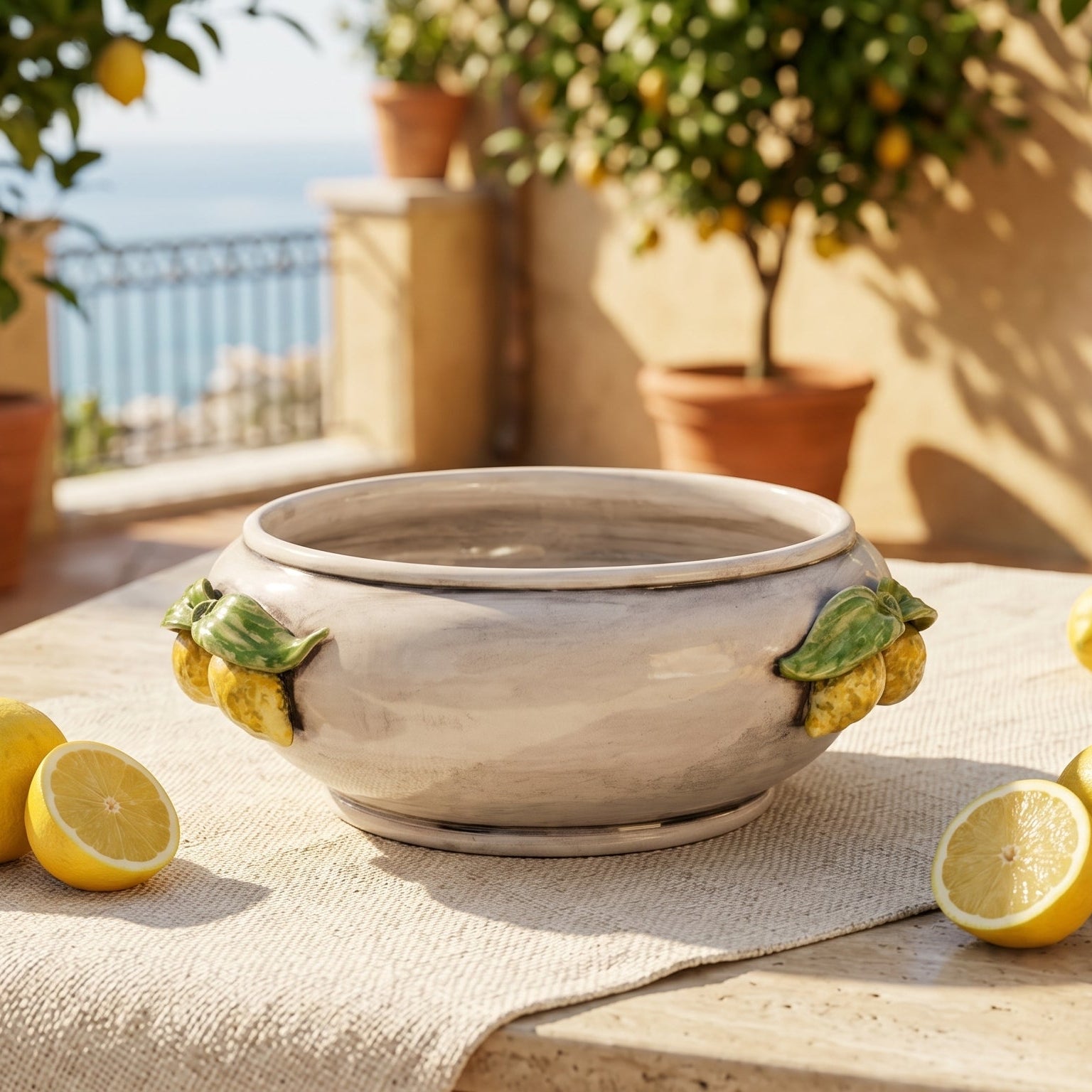 Sicilian Ceramic Centerpiece Ø 25 cm / Ø 9.8", Sicilian Lemons, Mother of Pearl – Sicilian majolica handcrafted in Caltagirone