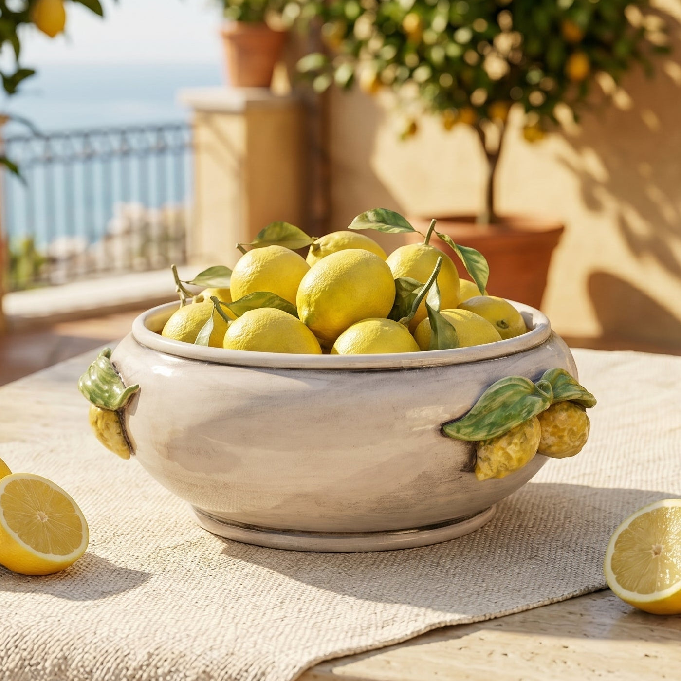 Sicilian Ceramic Centerpiece Ø 25 cm / Ø 9.8", Sicilian Lemons, Mother of Pearl – Sicilian majolica handcrafted in Caltagirone