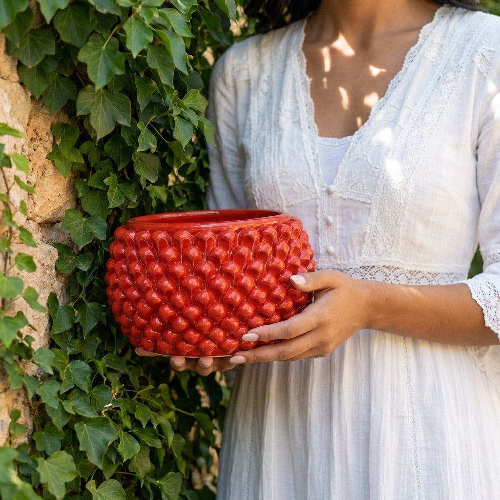 Caltagirone ceramic half-pine cone vase without foot, fire red