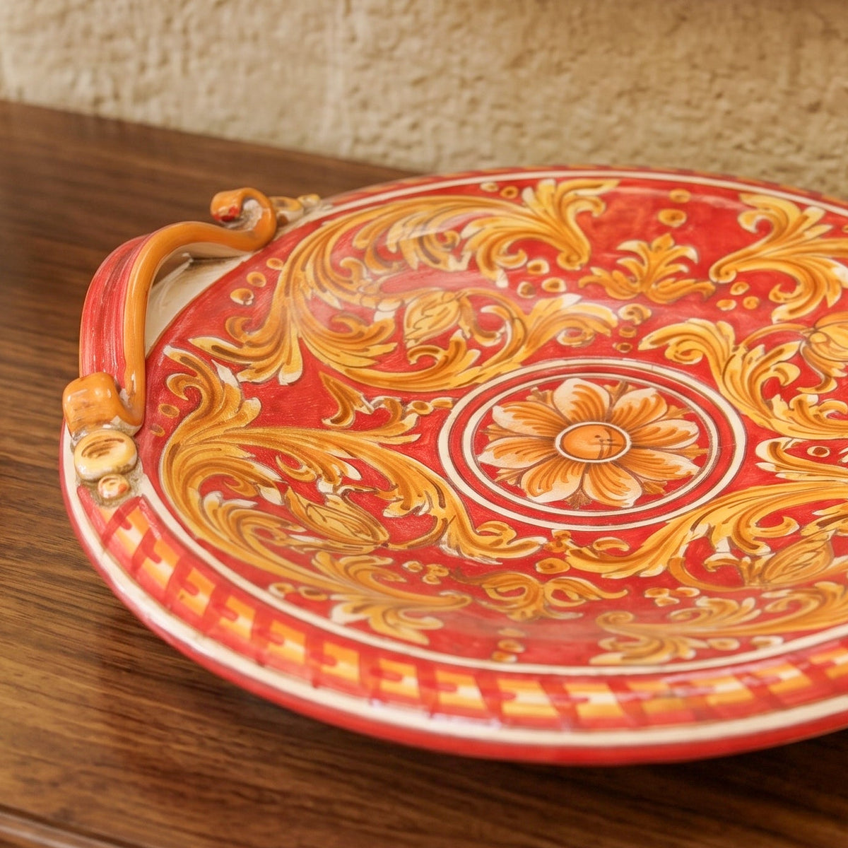 Sicilian Ceramic Centerpiece Ø 30/40 cm / 11¾-15¾", Ornato Red Background – Italian ceramic from Caltagirone, Sicily