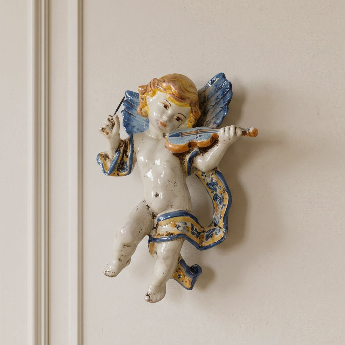 Musician Angel Ceramic with Violin, Blue and Orange – Caltagirone Ceramic – Sicilian artisan tradition