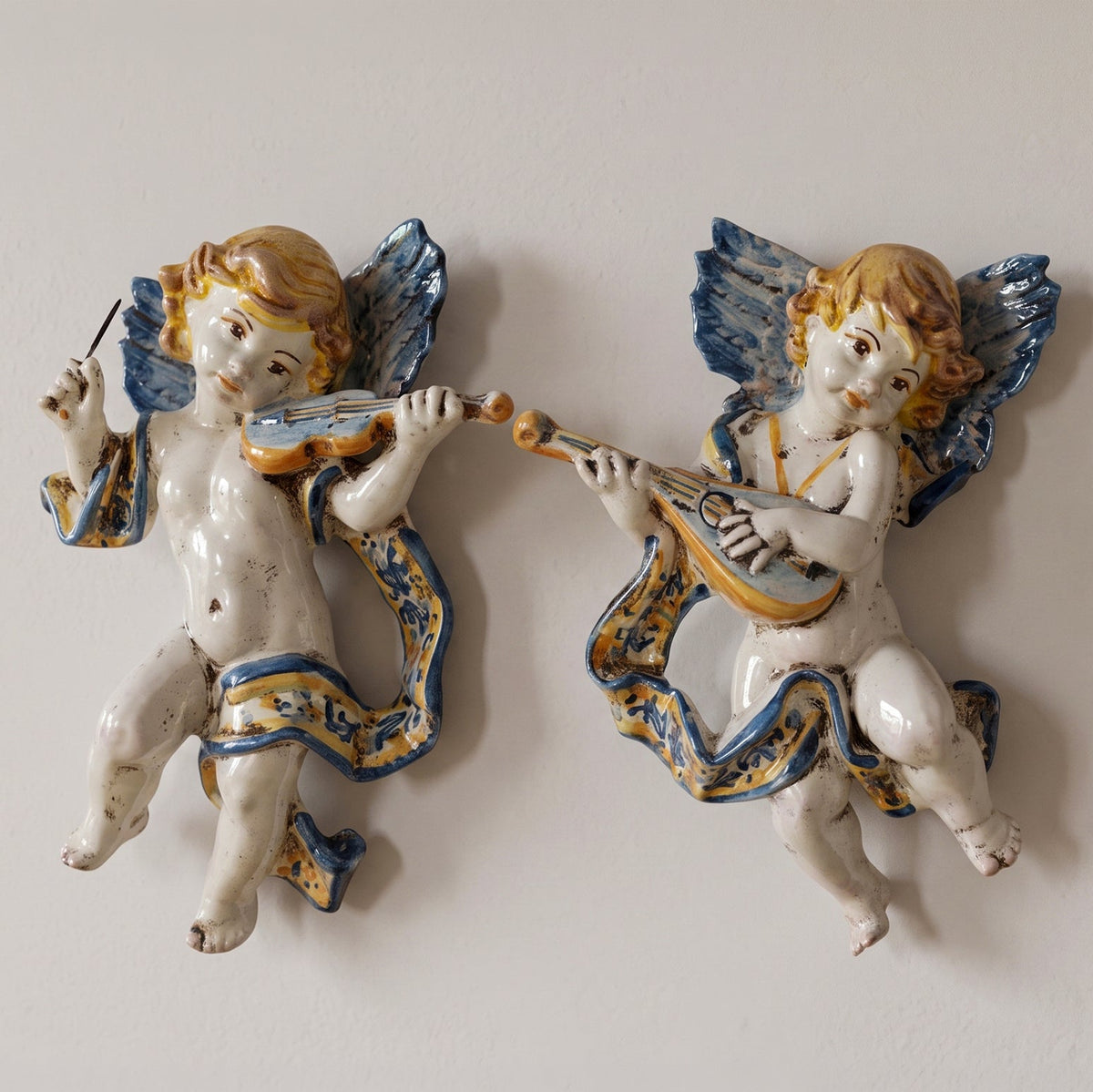 Musician Angel Ceramic with Mandolin, Blue and Orange – Sicilian majolica handcrafted in Caltagirone