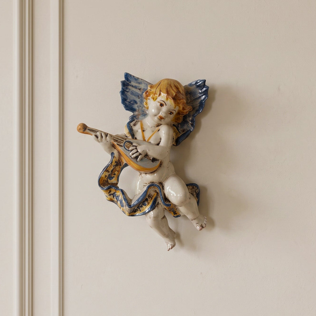 Musician Angel Ceramic with Mandolin, Blue and Orange – Sicilian majolica handcrafted in Caltagirone