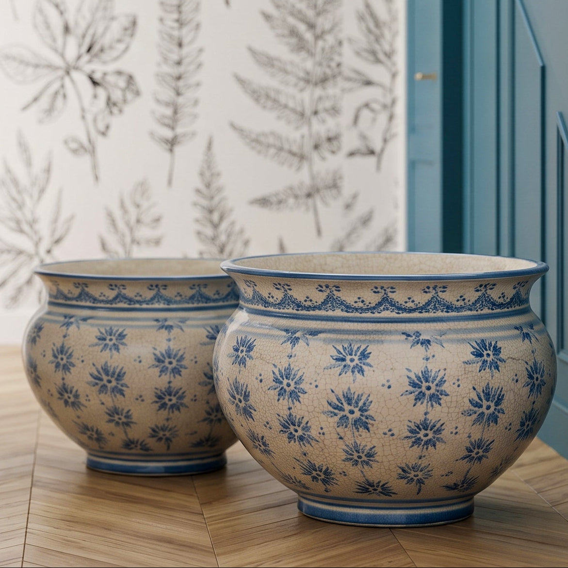 Italian Decorative Cachepot, Stars Line, Mono Blue – Sicilian majolica handcrafted in Caltagirone
