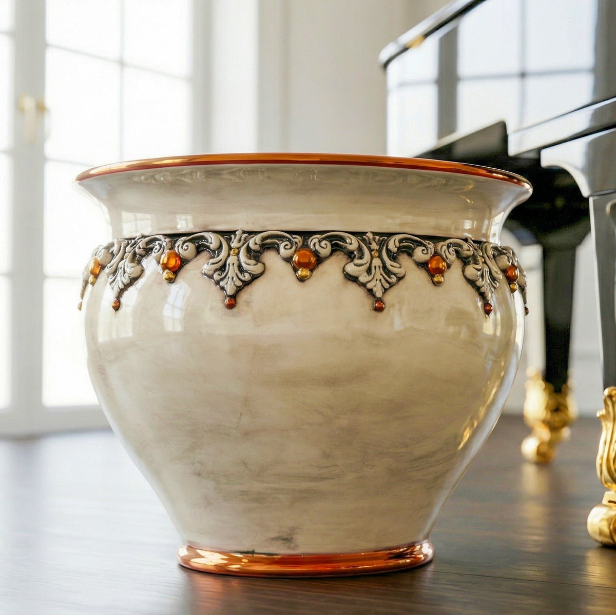 Italian Decorative Cachepot Ø 20/50 cm / Ø 7¾-19¾", Plastico Sofia, Mother of Pearl, Gold and Lustre – Sicilian majolica handcrafted in Caltagirone