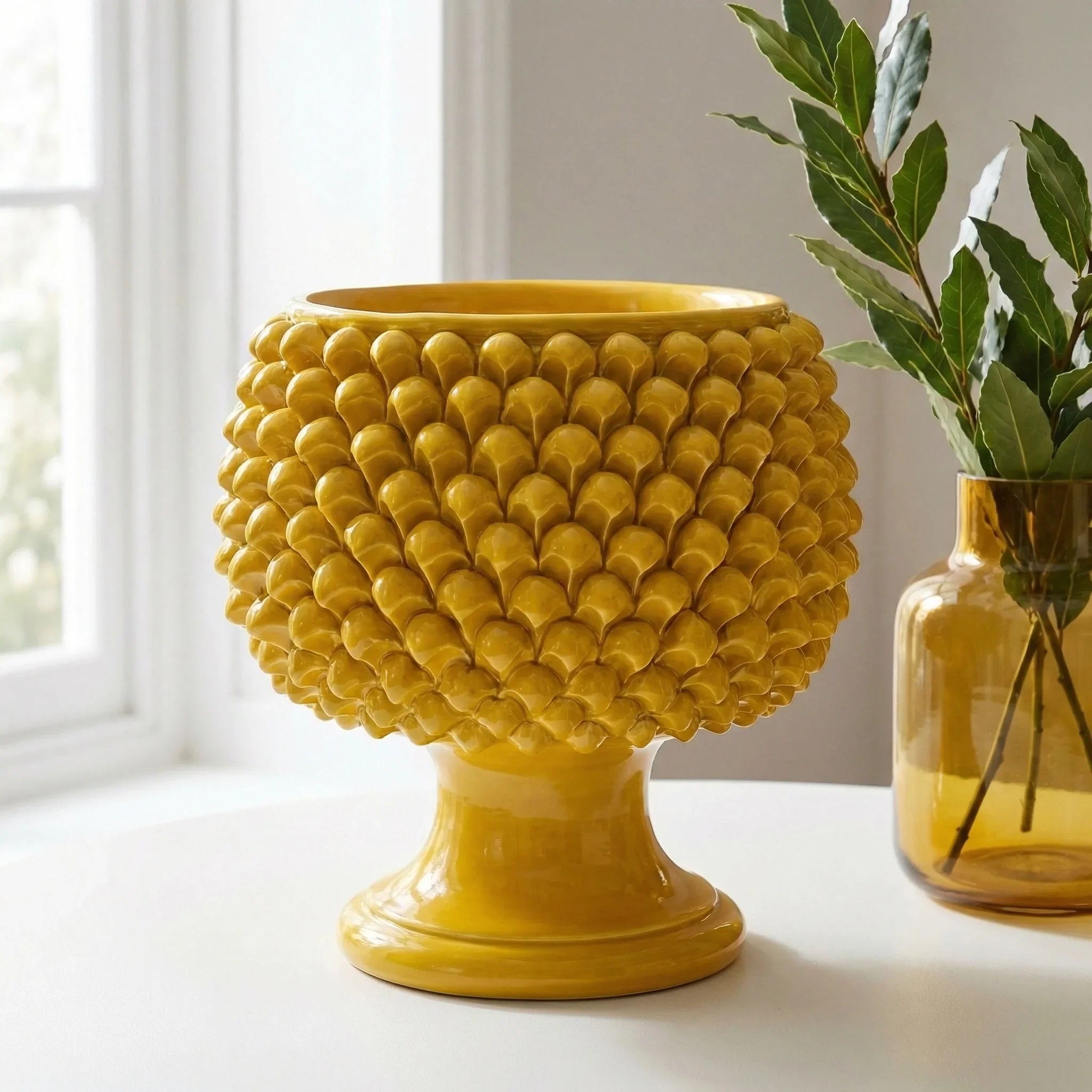 Caltagirone ceramic half-pine cone vase with mustard