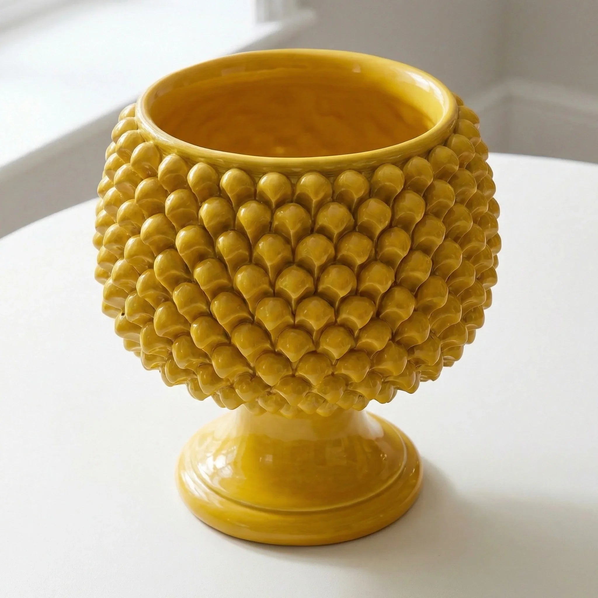 Caltagirone ceramic half-pine cone vase with mustard
