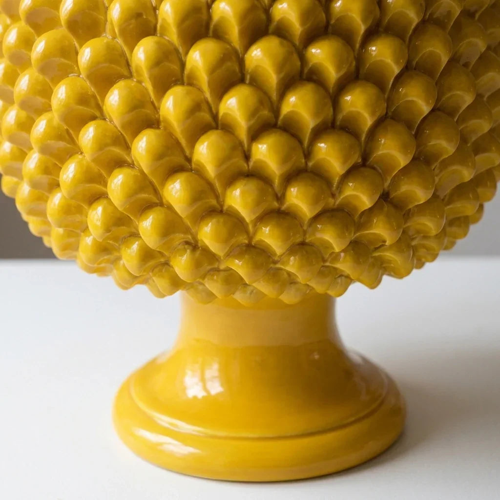 Caltagirone ceramic half-pine cone vase with mustard