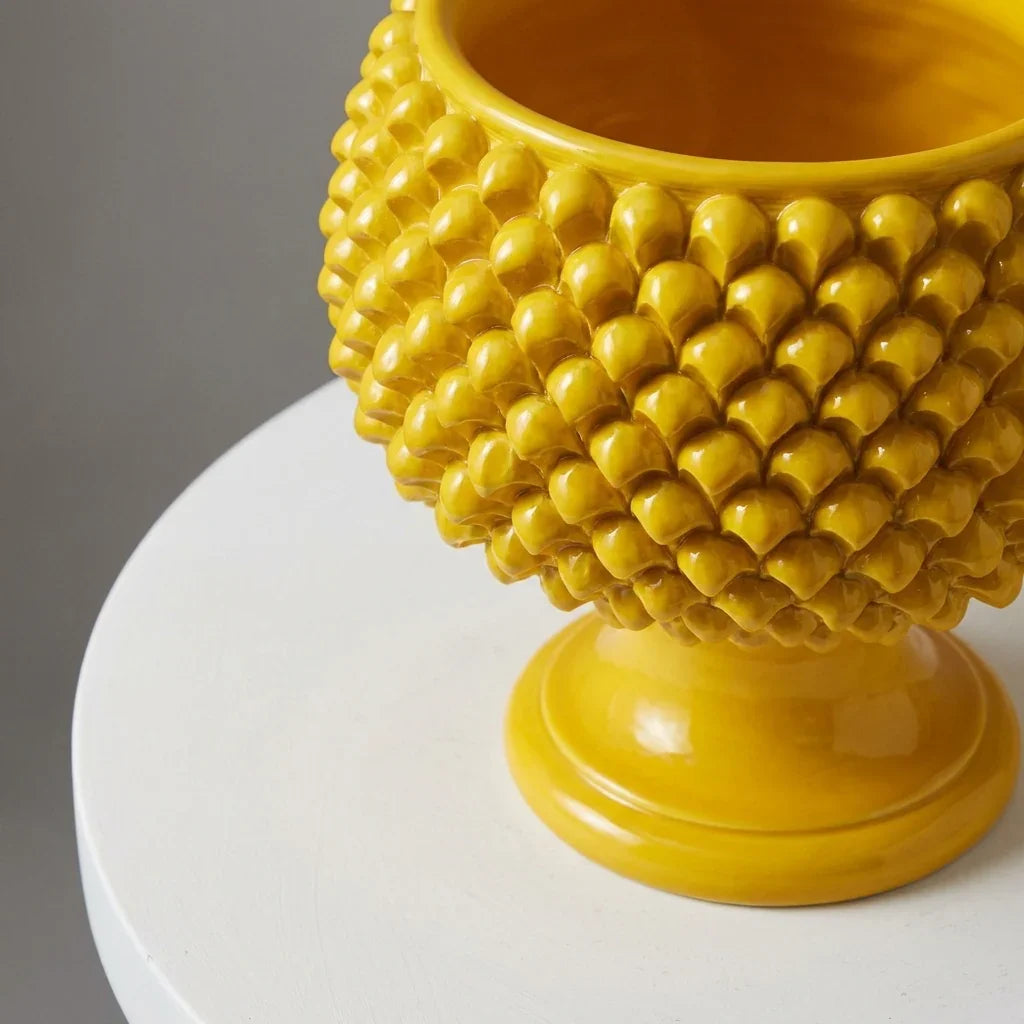 Caltagirone ceramic half-pine cone vase with mustard