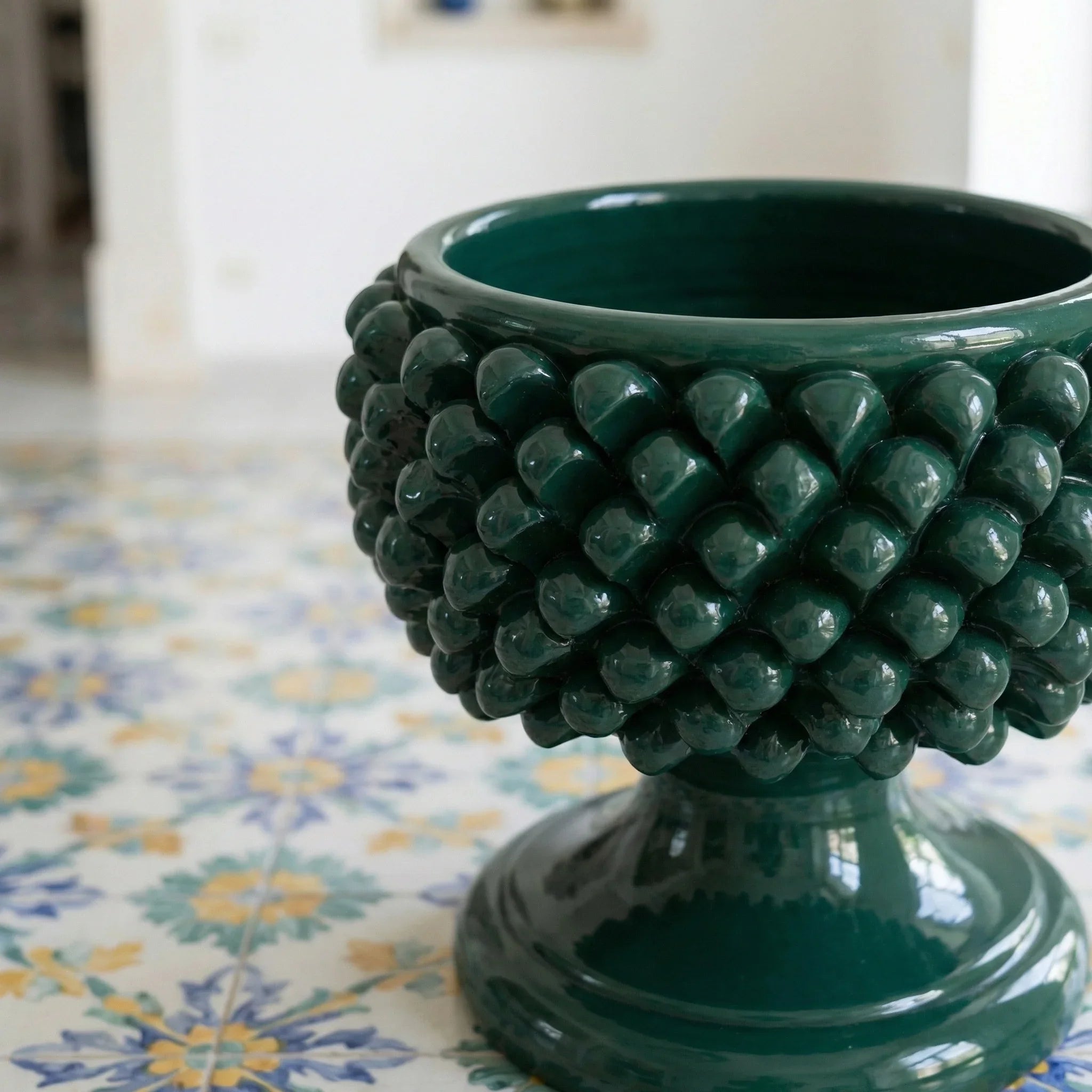 Antique green half pine cone vase in Caltagirone ceramic