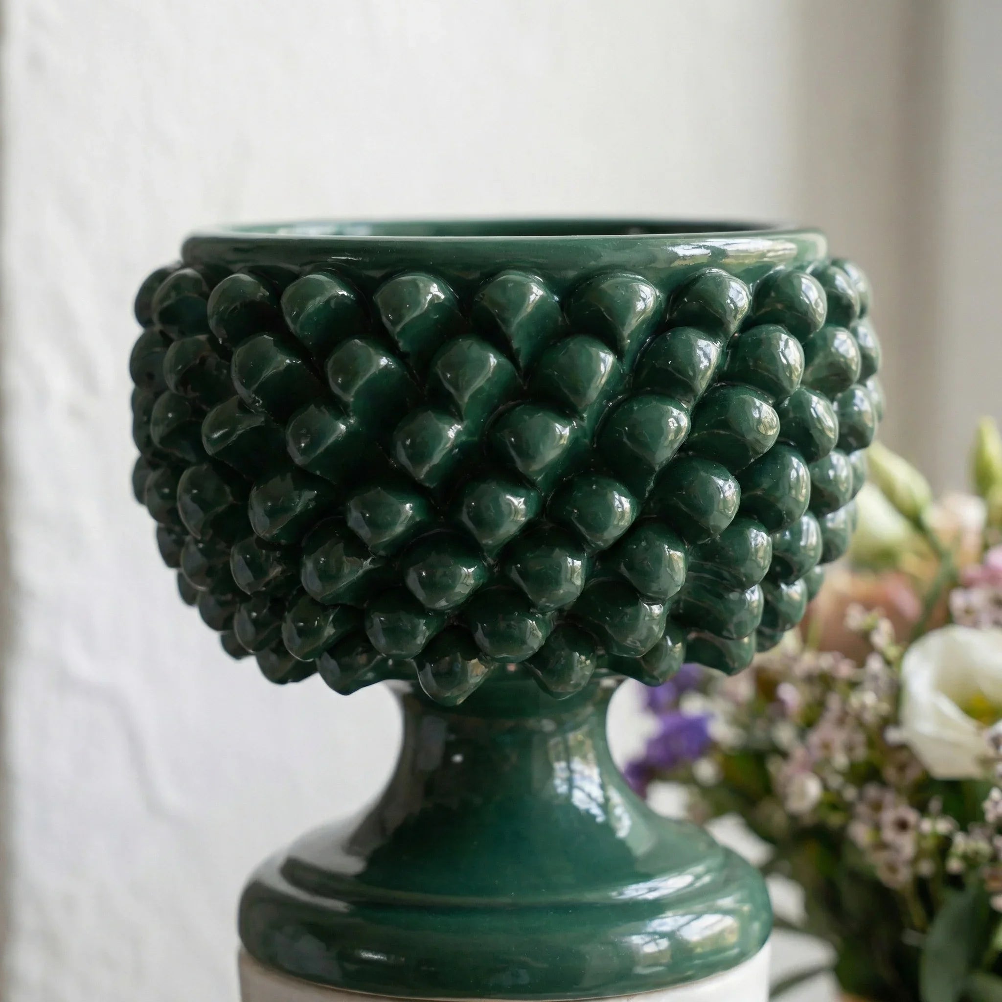Antique green half pine cone vase in Caltagirone ceramic