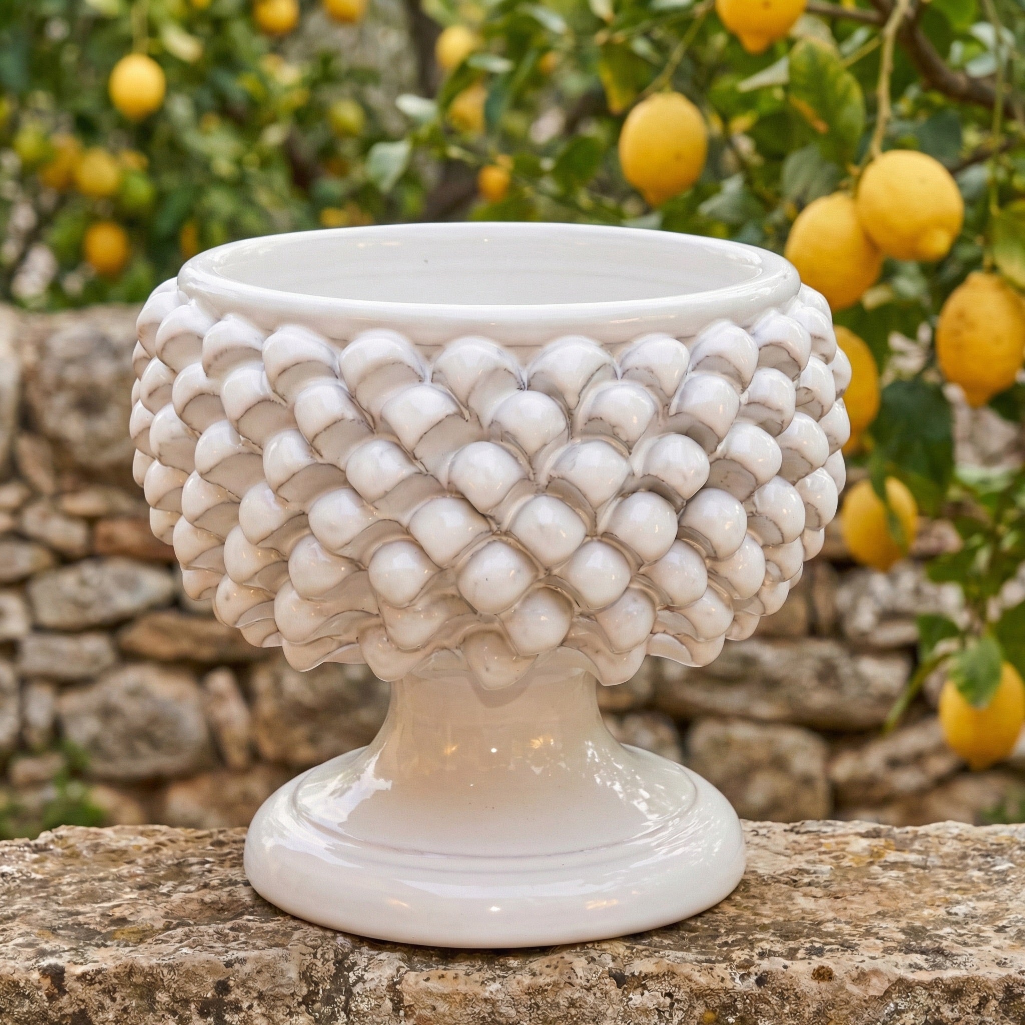 Caltagirone ceramic half-pine cone vase in white line
