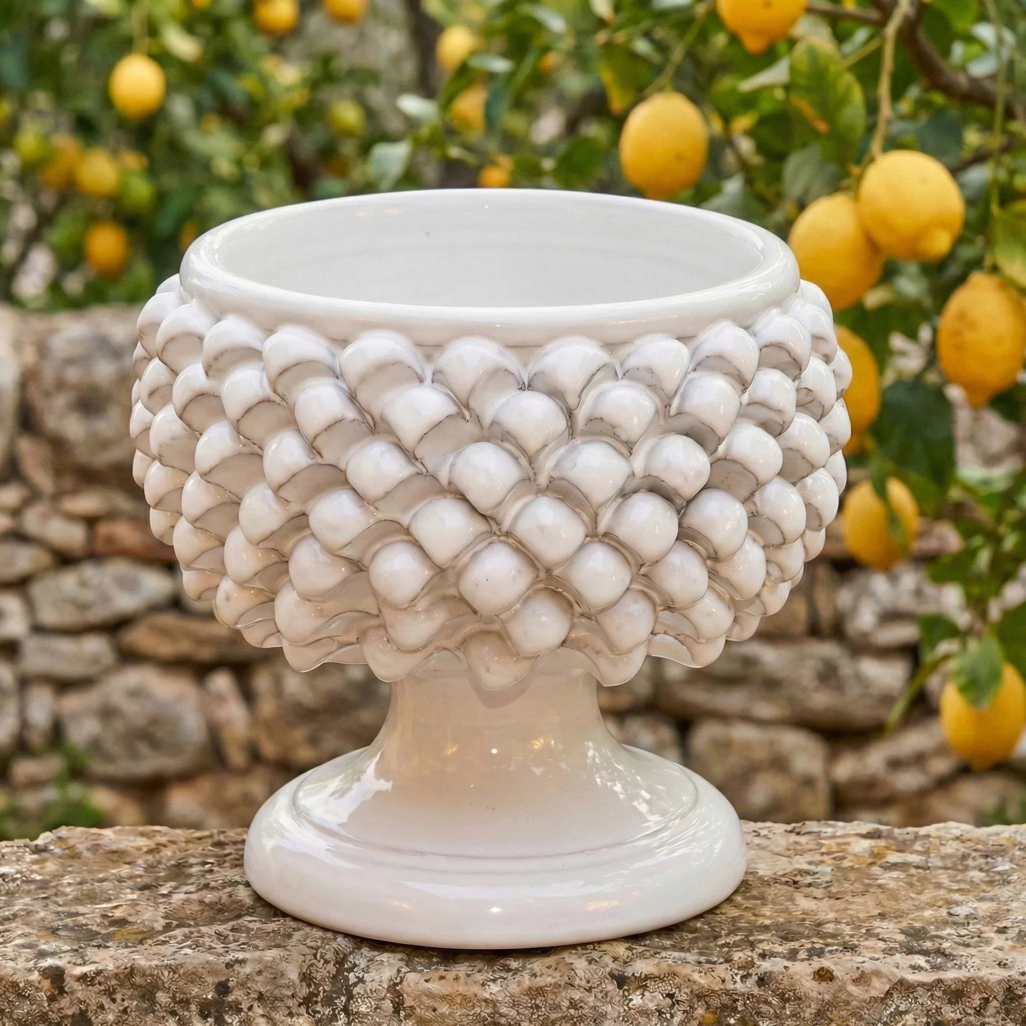 Caltagirone ceramic half-pine cone vase in white line