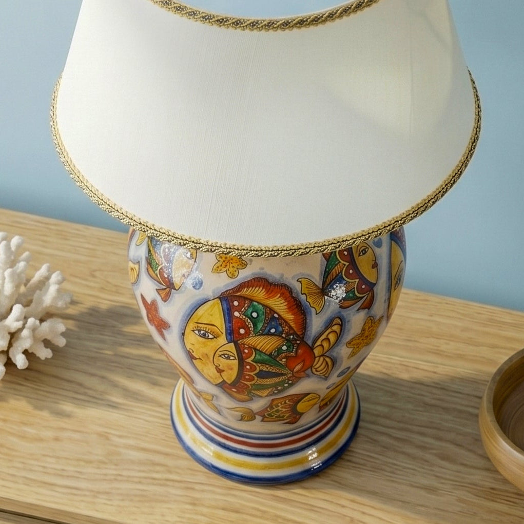 Potiche Table Lamp in Caltagirone Ceramic — Fish Décor