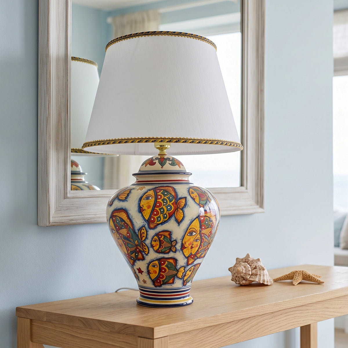Potiche Lamp H 65 cm / 25½", Fish Decoration – Caltagirone Ceramic – Italian ceramic lamp tradition