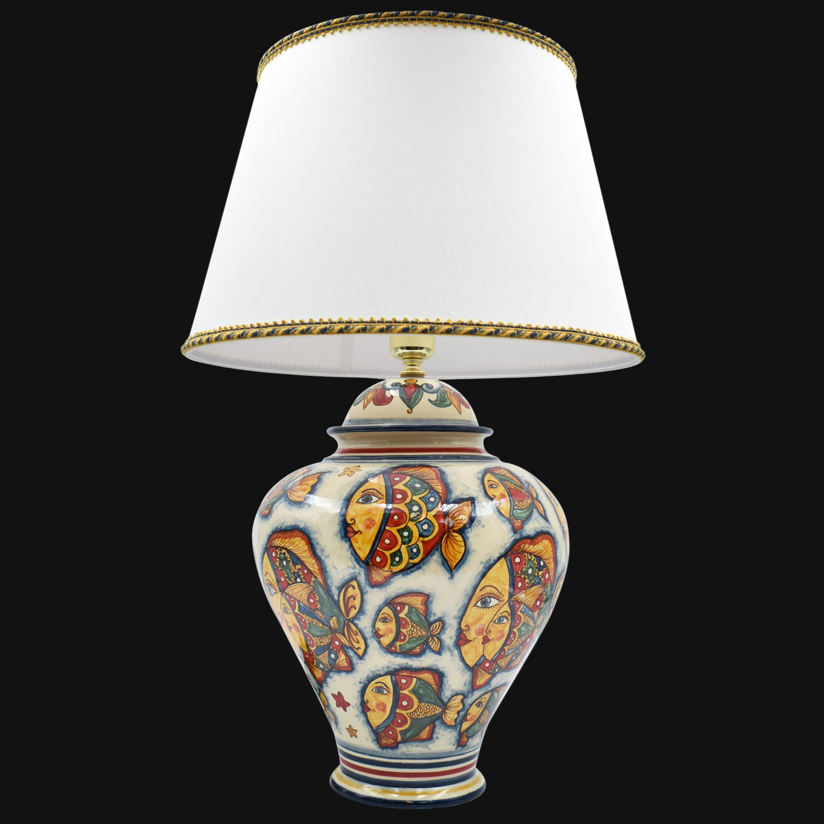 Potiche Lamp H 65 cm / 25½", Fish Decoration – Caltagirone Ceramic – Italian ceramic lamp tradition