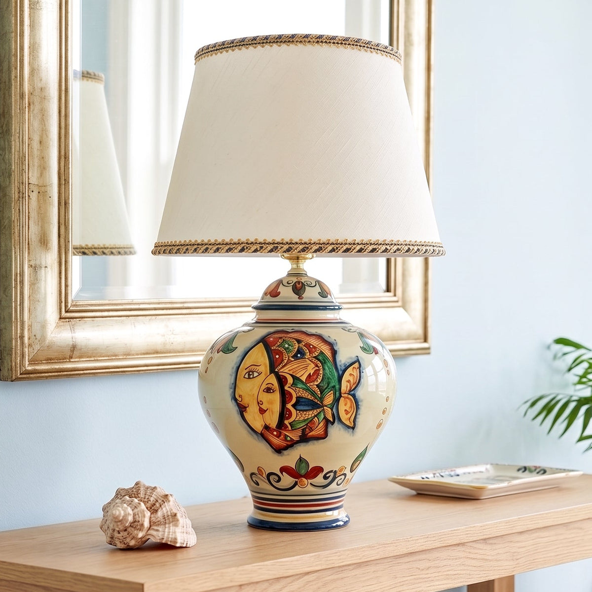 Potiche Lamp H 65 cm / 25½", Fish Decoration – Sicilian ceramic lamp handcrafted in Caltagirone