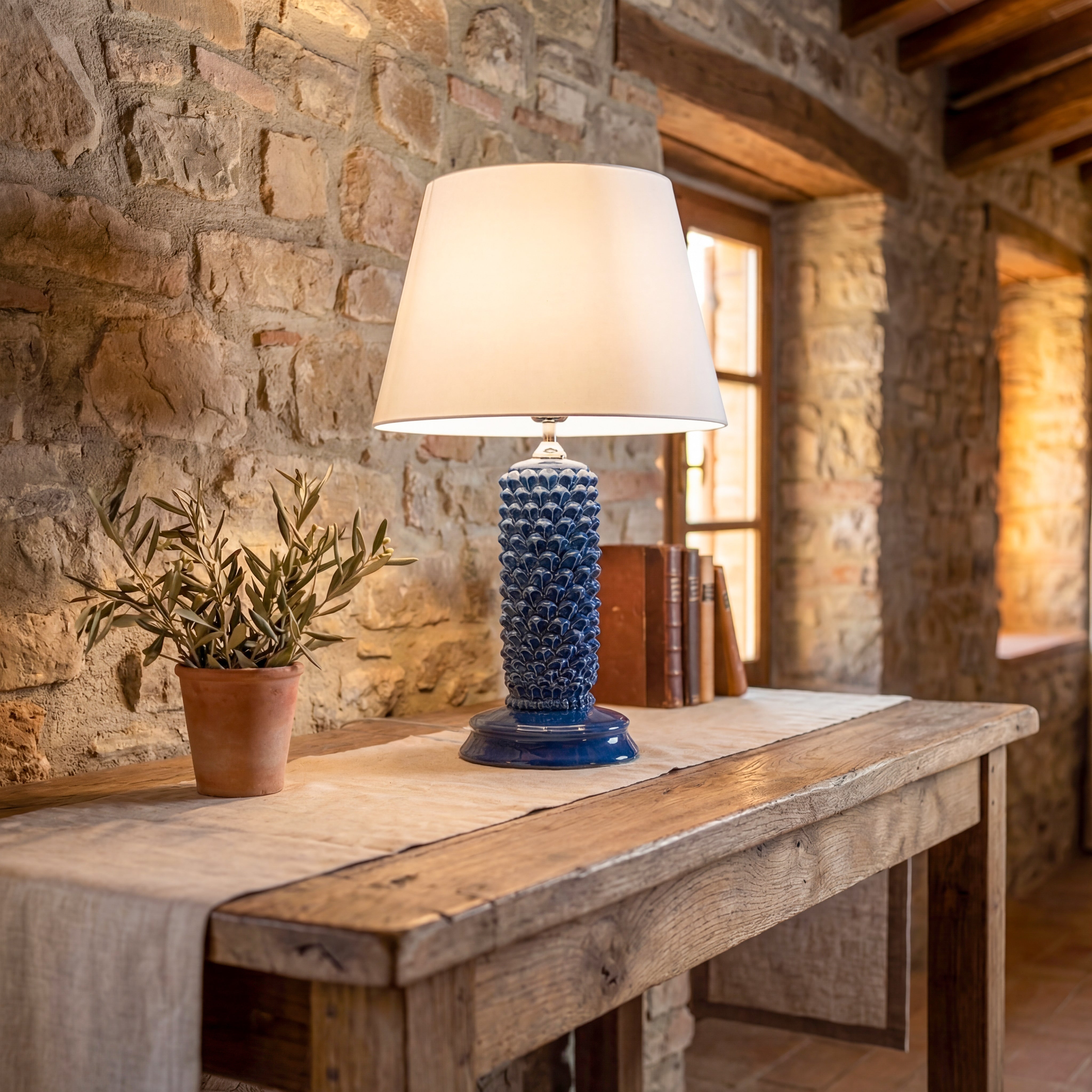 Sicilian Pine Cone Lamp H 60 cm / 23.6", Deep Blue – Sicilian ceramic lamp handcrafted in Caltagirone