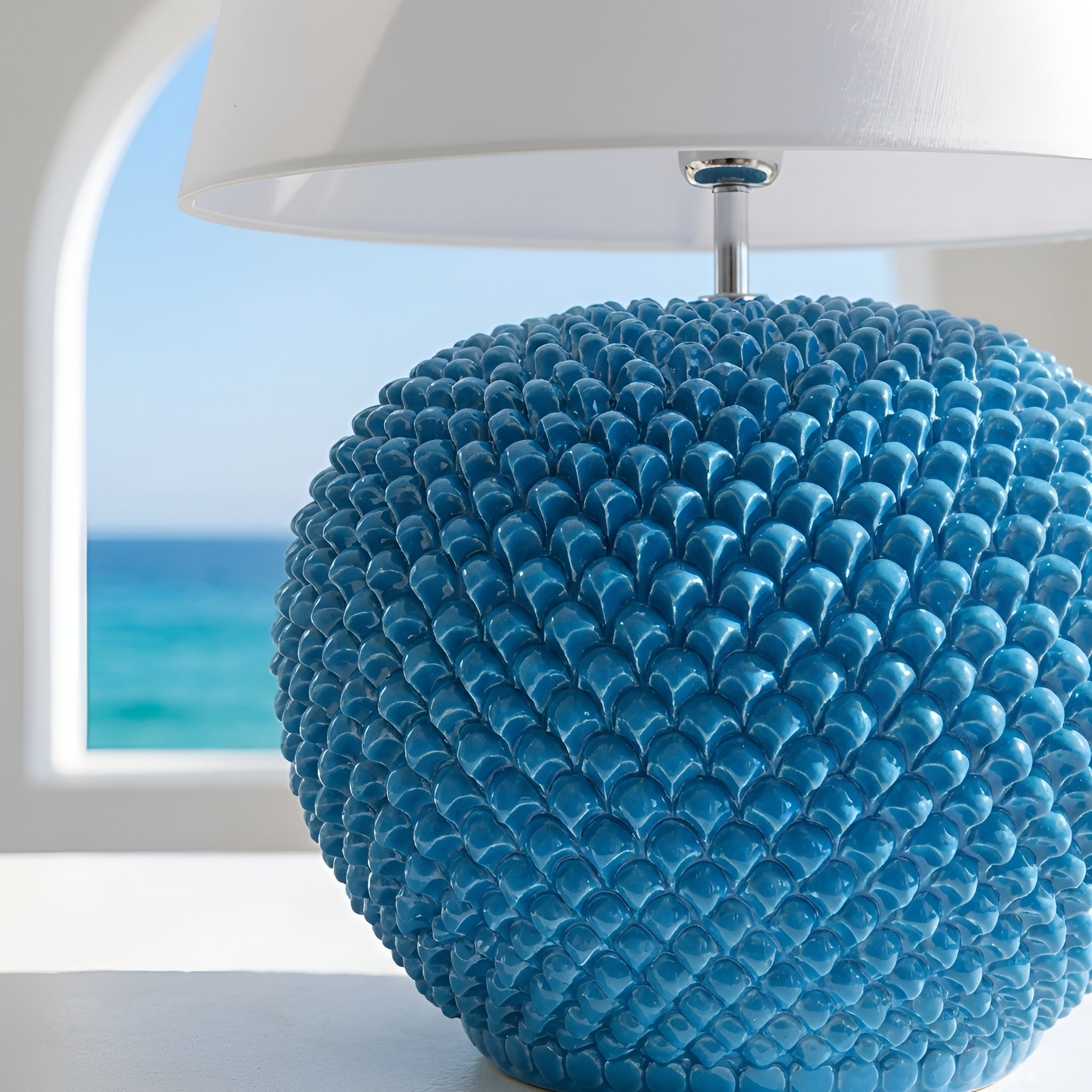 Caltagirone ceramic pine cone lamp with turquoise decoration