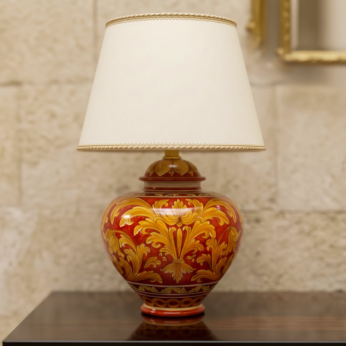 Italian Ball Ceramic Lamp H 66 cm / 26", Ornato Red Background – Italian ceramic from Caltagirone, Sicily