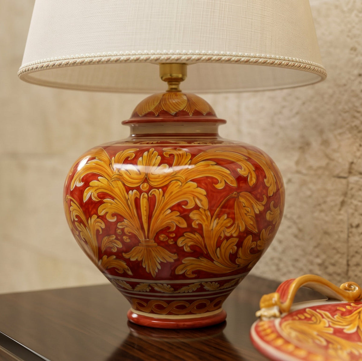 Italian Ball Ceramic Lamp H 66 cm / 26", Ornato Red Background – Italian ceramic from Caltagirone, Sicily