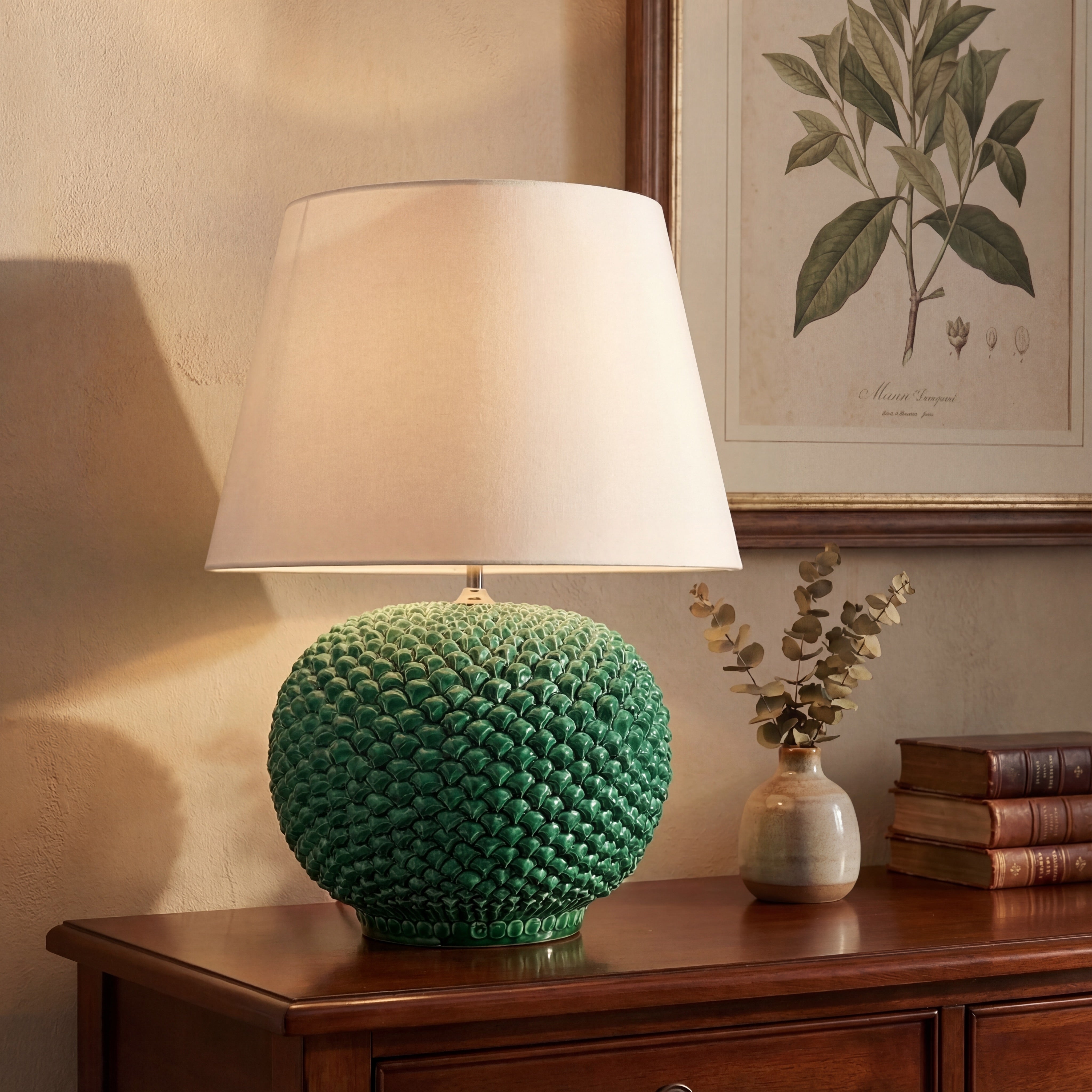 Lume palla a pigna in ceramica di Caltagirone, decoro Verde Smeraldo
