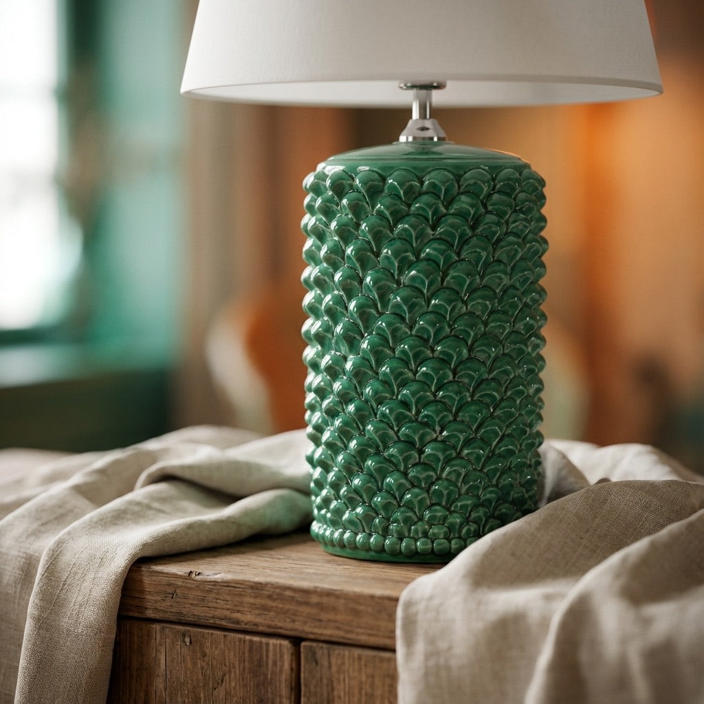 Lume pigna cilindro h 60 Verde Smeraldo in ceramica di Caltagirone