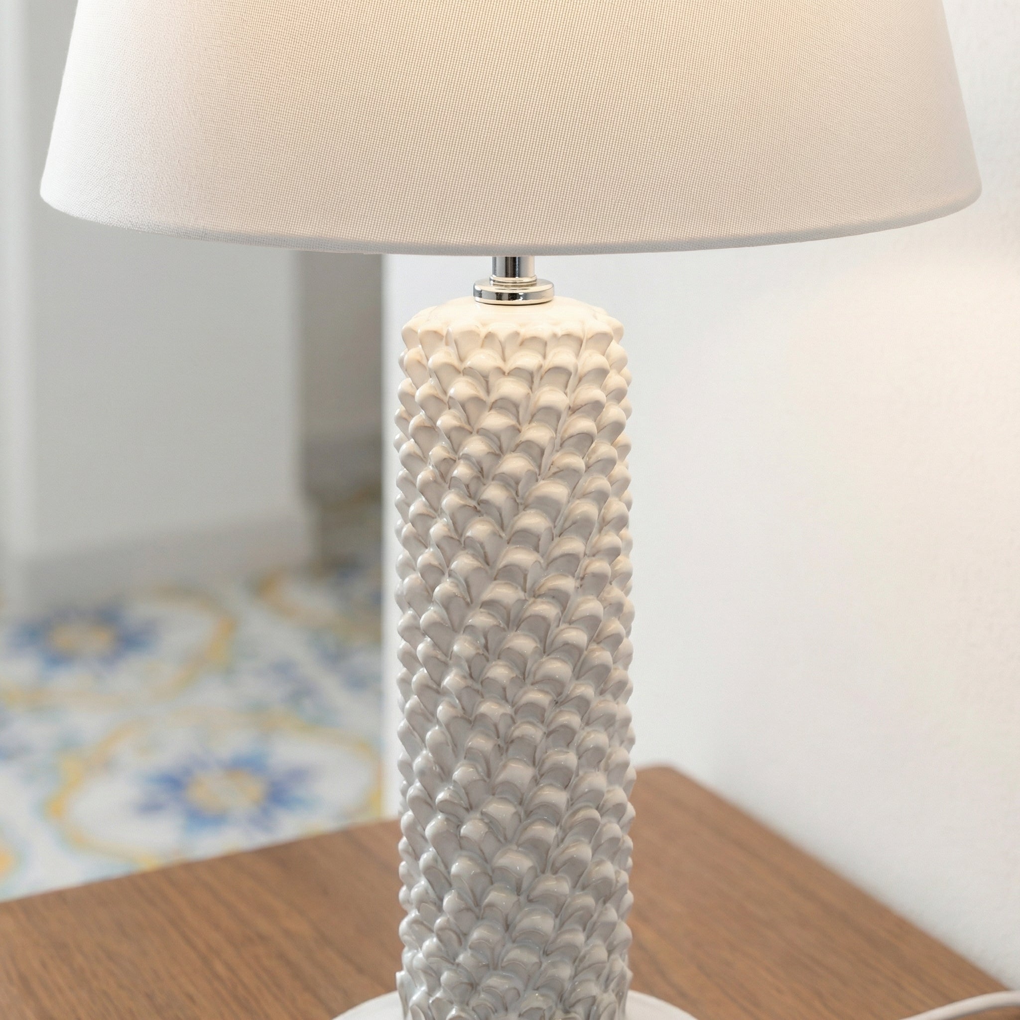 Sicilian Pine Cone Lamp H 60 cm / 23.6", White Line – Italian ceramic from Caltagirone, Sicily