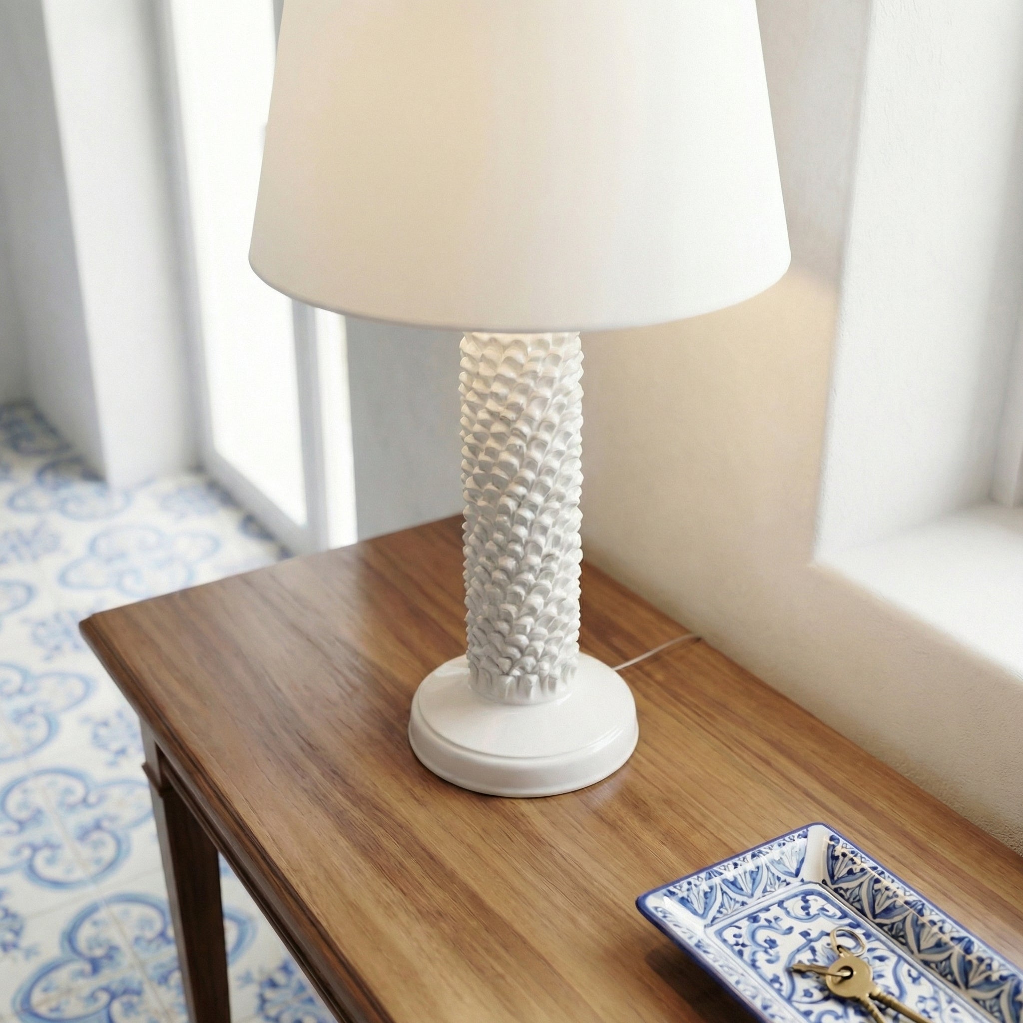 Sicilian Pine Cone Lamp H 60 cm / 23.6", White Line – Italian ceramic from Caltagirone, Sicily