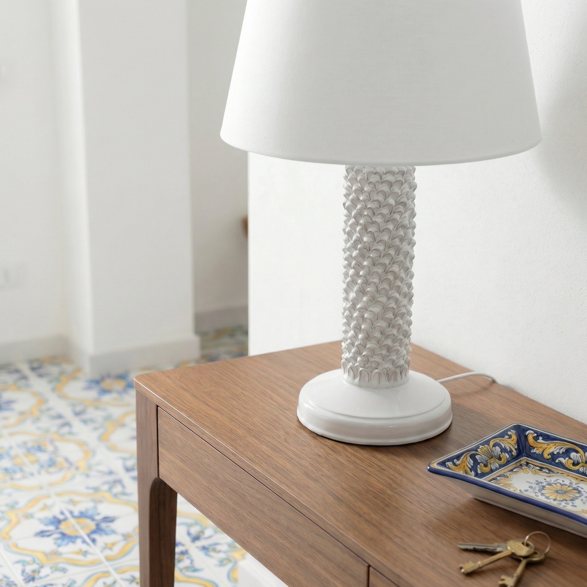 Sicilian Pine Cone Lamp H 60 cm / 23.6", White Line – Italian ceramic from Caltagirone, Sicily