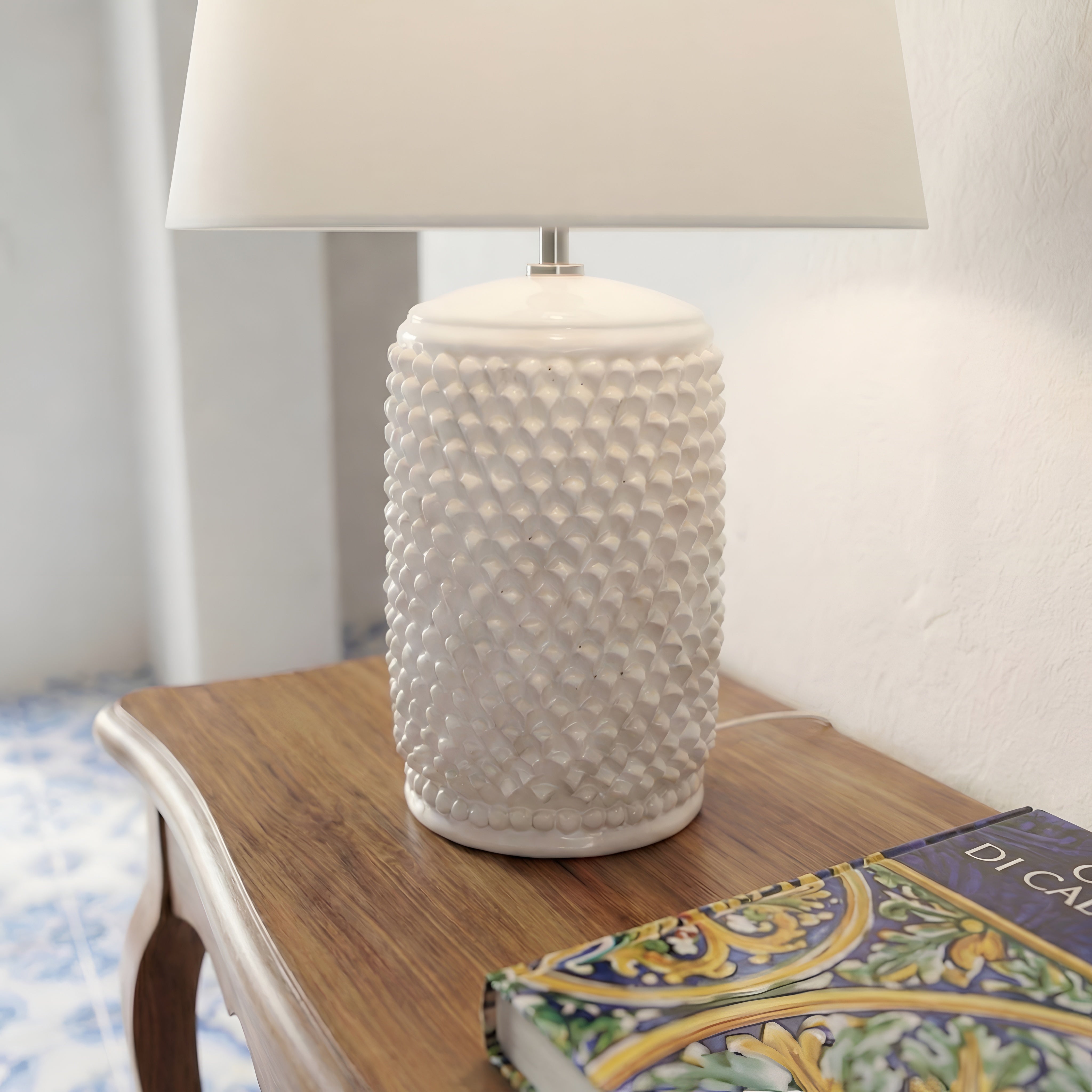 Sicilian Pine Cone Lamp H 60 cm / 23.6", White Line – Italian ceramic from Caltagirone, Sicily