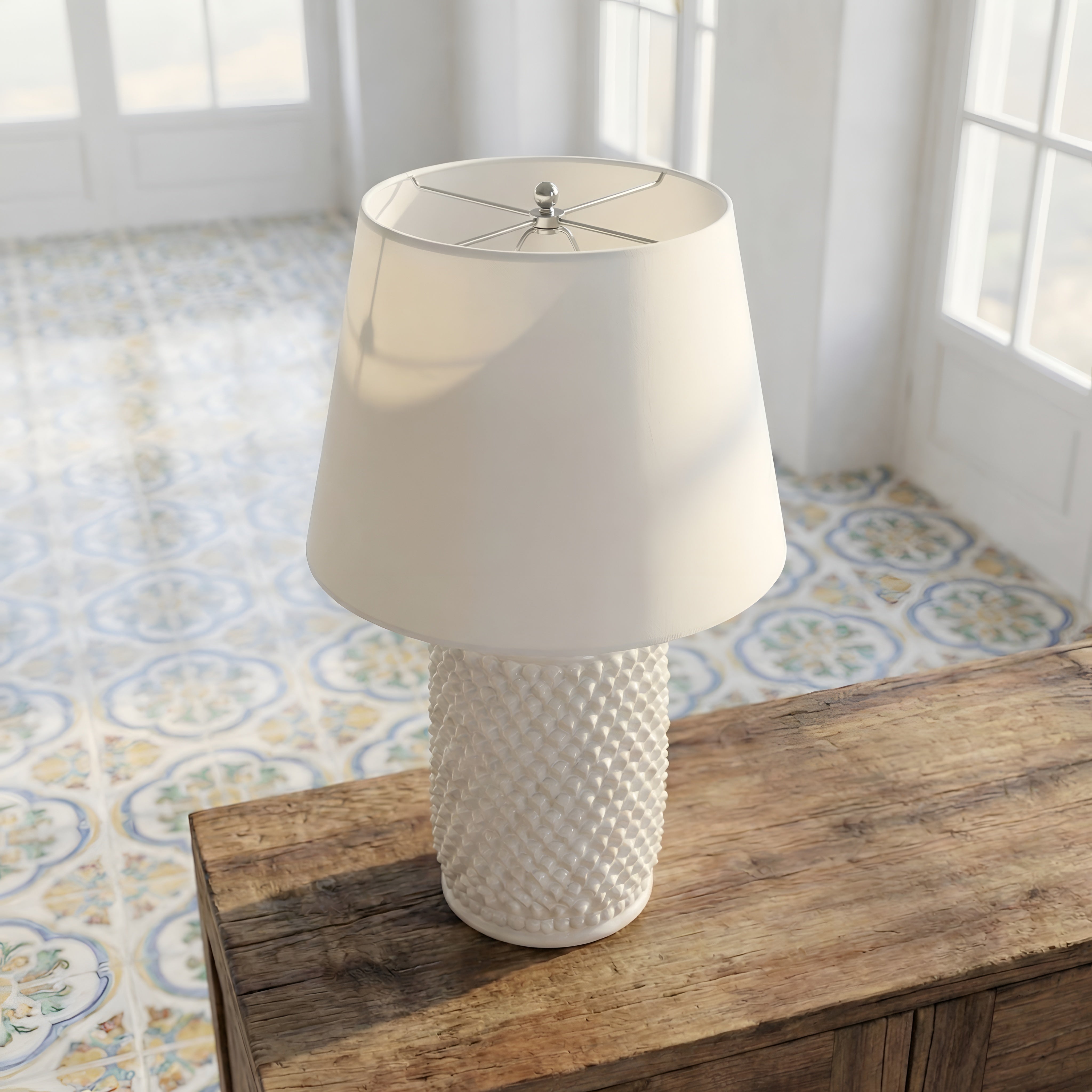Sicilian Pine Cone Lamp H 60 cm / 23.6", White Line – Italian ceramic from Caltagirone, Sicily