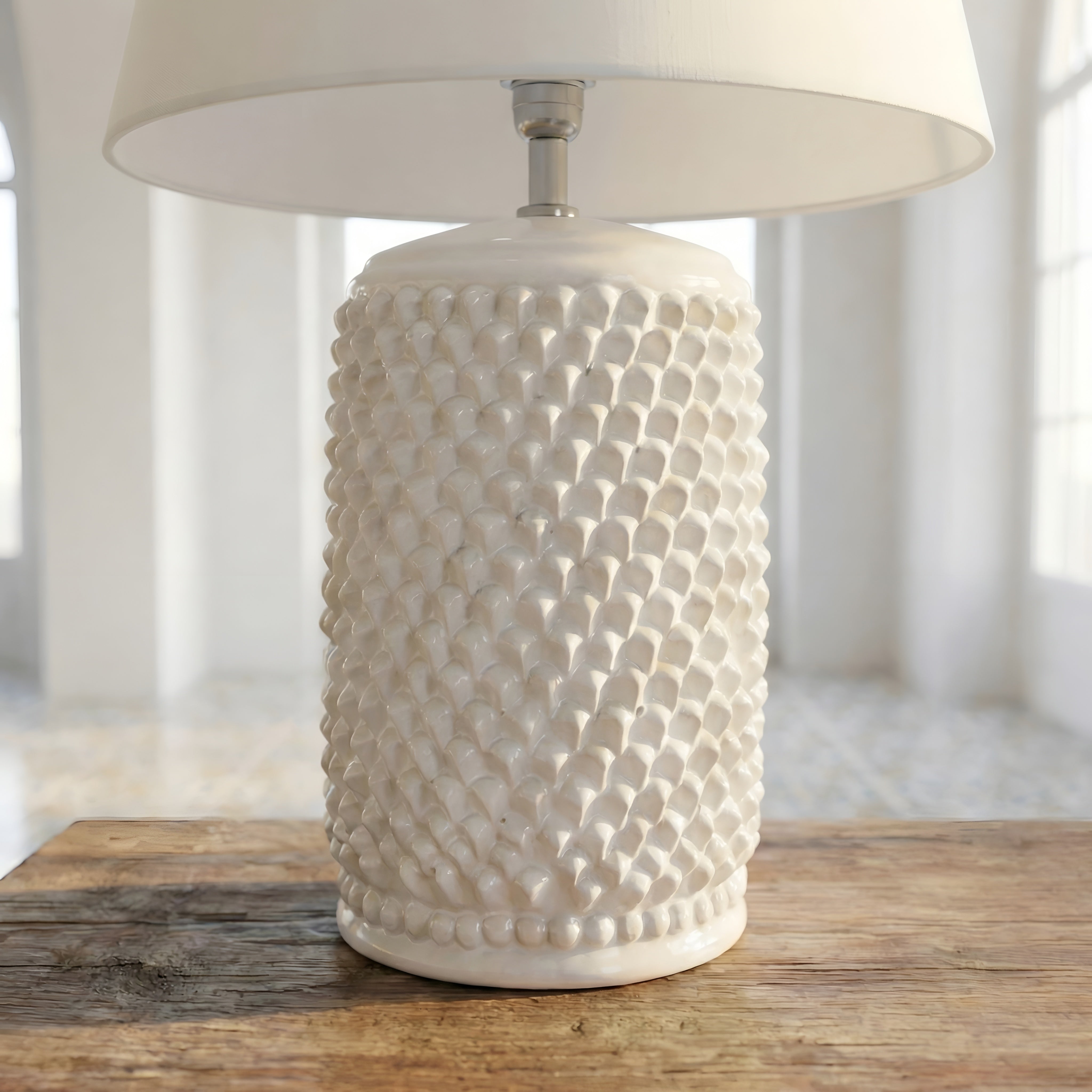 Sicilian Pine Cone Lamp H 60 cm / 23.6", White Line – Italian ceramic from Caltagirone, Sicily