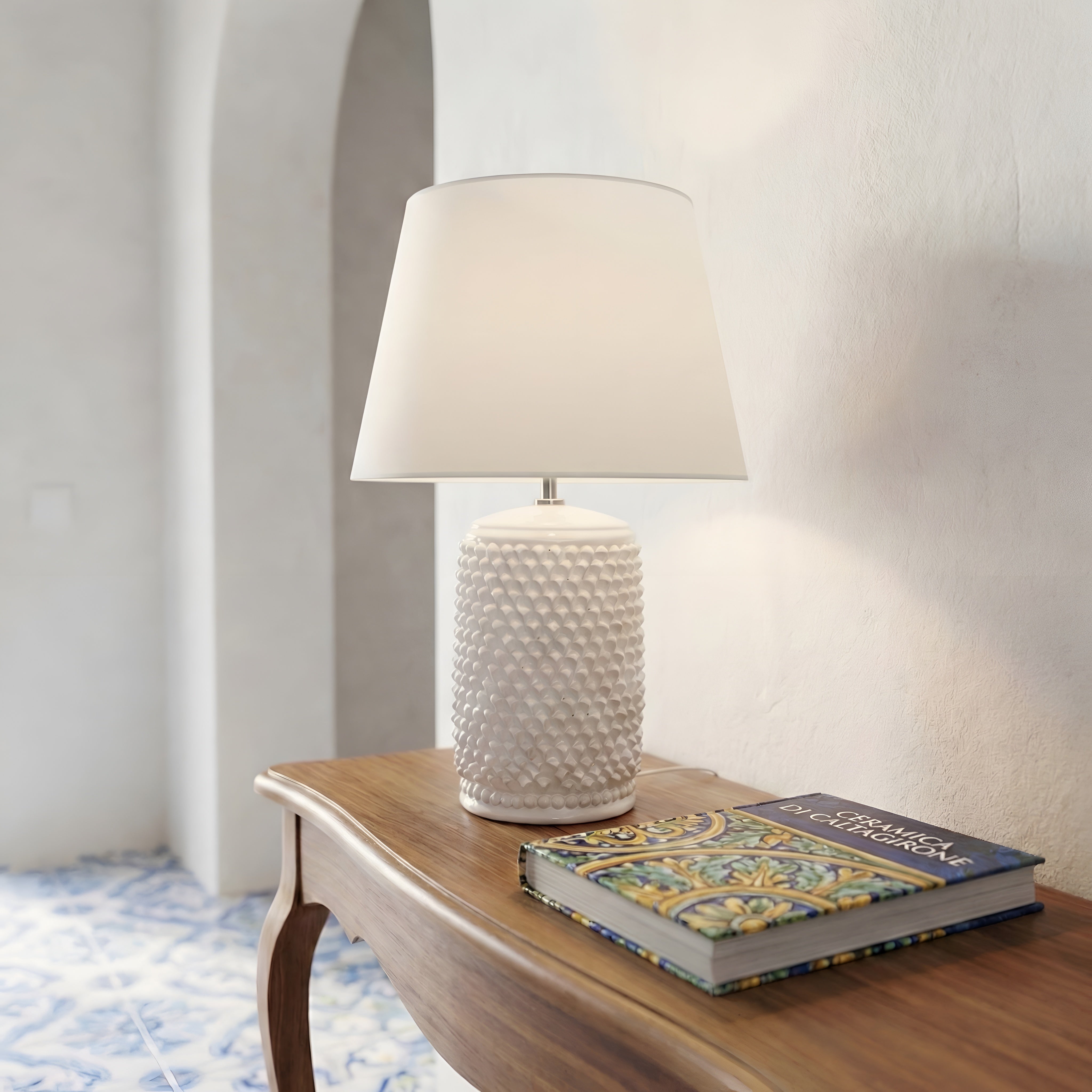 Sicilian Pine Cone Lamp H 60 cm / 23.6", White Line – Italian ceramic from Caltagirone, Sicily