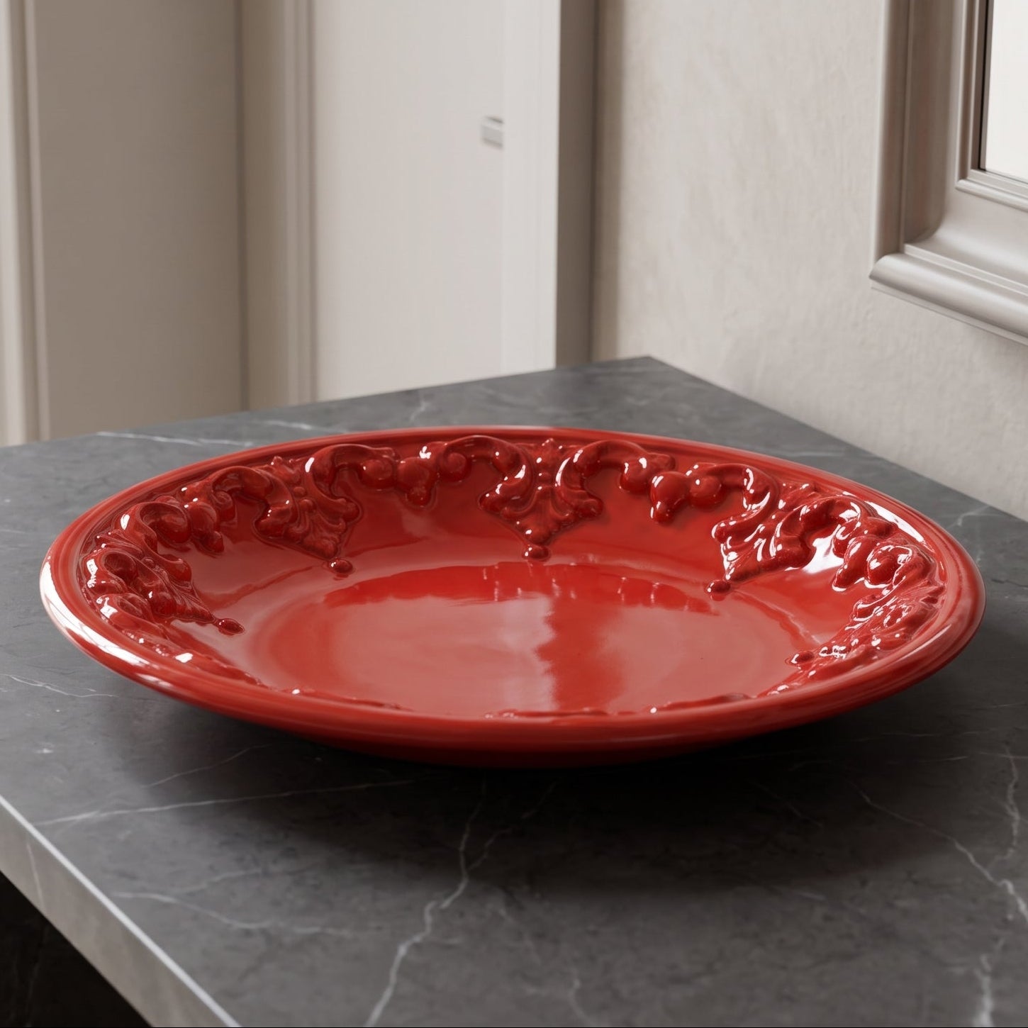 Sicilian Catch-All Dish Ø 30 cm / Ø 11.8", Plastico Sofia, Fire Red – Caltagirone Ceramic – Sicilian artisan tradition