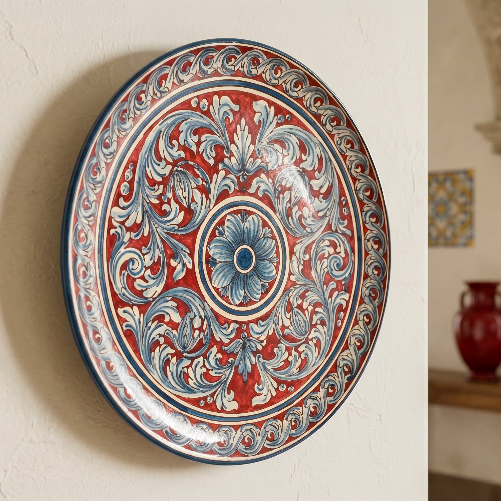 Sicilian Decorative Wall Plate, Bordeaux – Caltagirone Ceramic – Sicilian artisan tradition