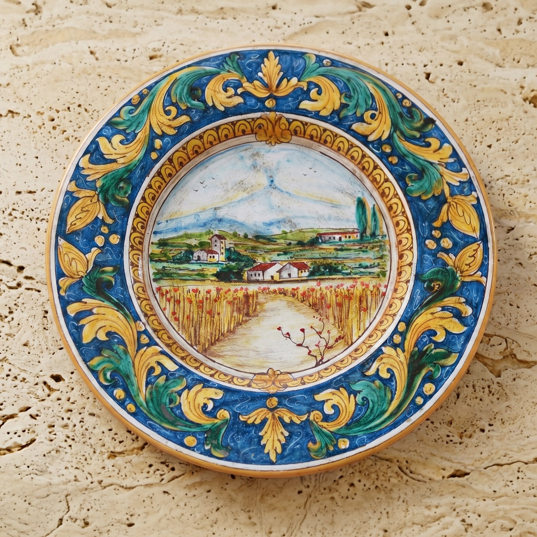 Sicilian Priest Hat Plate, Etna Landscape, Calatino Ornament – Caltagirone Ceramic – Sicilian artisan tradition