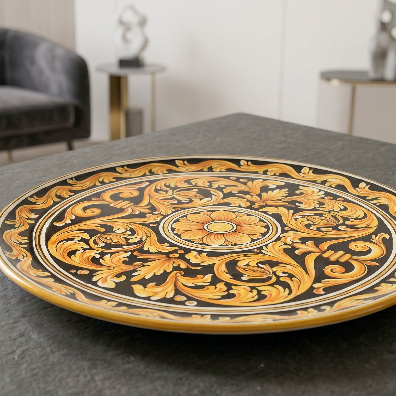 Sicilian Decorative Wall Plate Ø 35/40 cm / Ø 14-16", Black Background – Caltagirone Ceramic – Sicilian artisan tradition