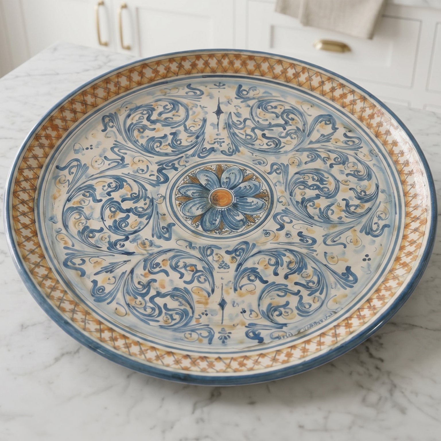 Sicilian Decorative Wall Plate, Blue and Orange, Art Edition – Caltagirone Ceramic – Sicilian artisan tradition