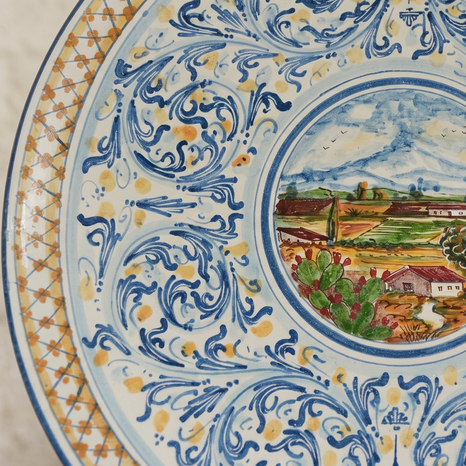 Sicilian Decorative Wall Plate, Blue and Orange, Art Edition – Sicilian majolica handcrafted in Caltagirone