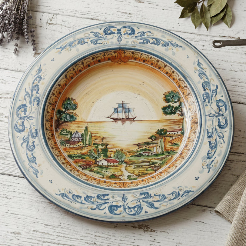 Caltagirone Ceramic Plate Cappello Prete — Sailing Ship, Blue and Orange | Italian ceramic from Caltagirone, Sicily