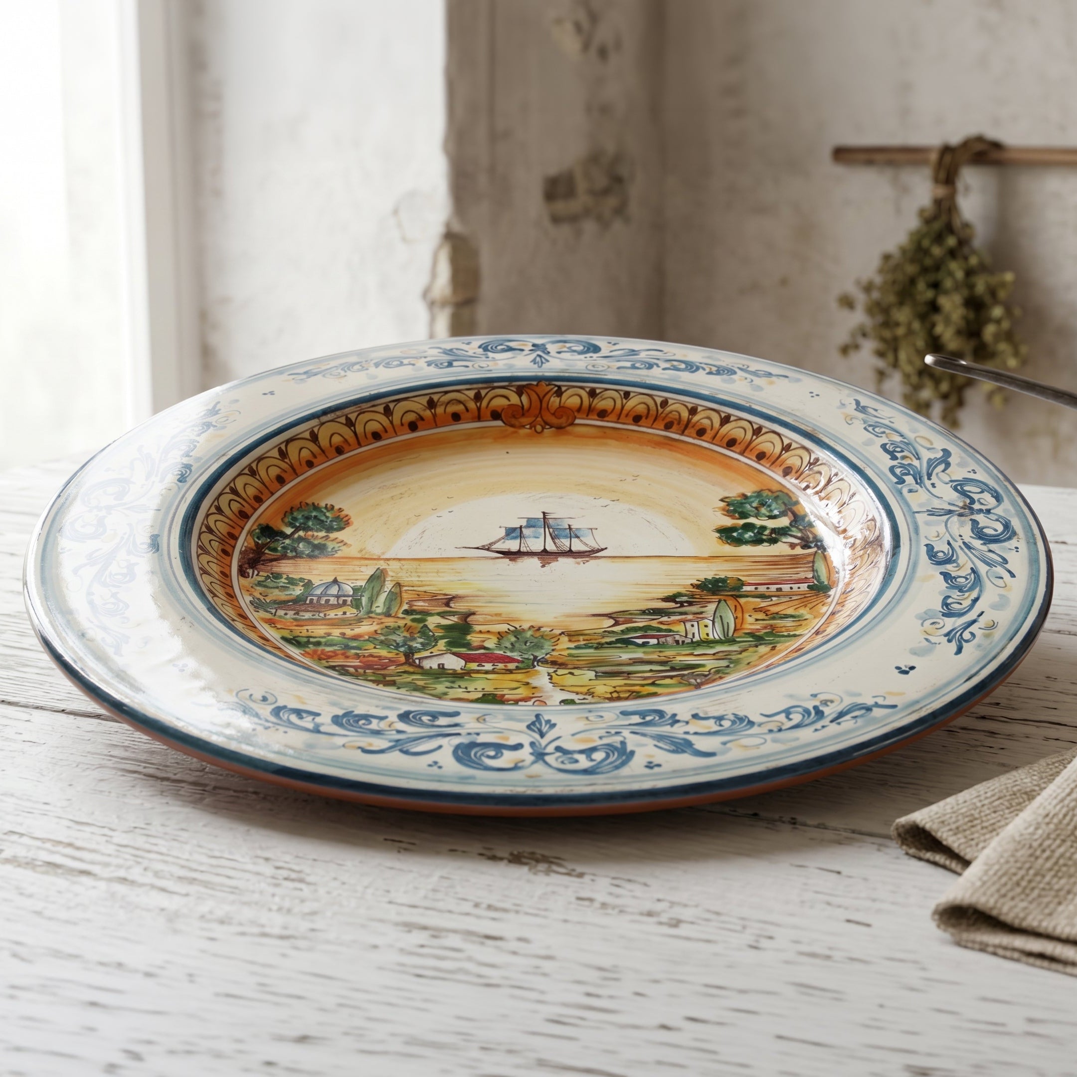 Caltagirone Ceramic Plate Cappello Prete — Sailing Ship, Blue and Orange | Italian ceramic from Caltagirone, Sicily