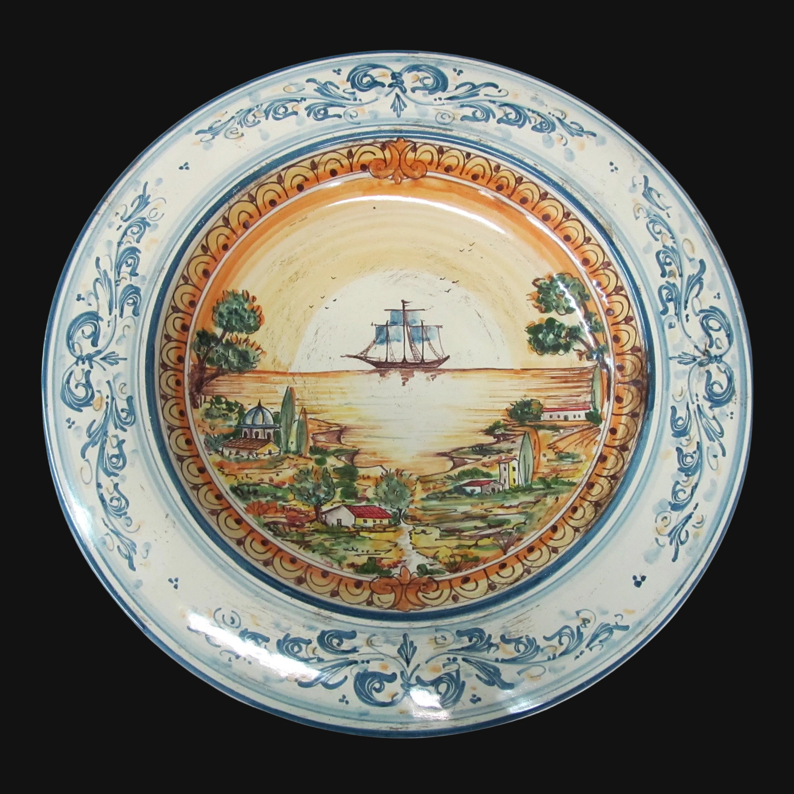 Caltagirone Ceramic Plate Cappello Prete — Sailing Ship, Blue and Orange | Italian ceramic from Caltagirone, Sicily