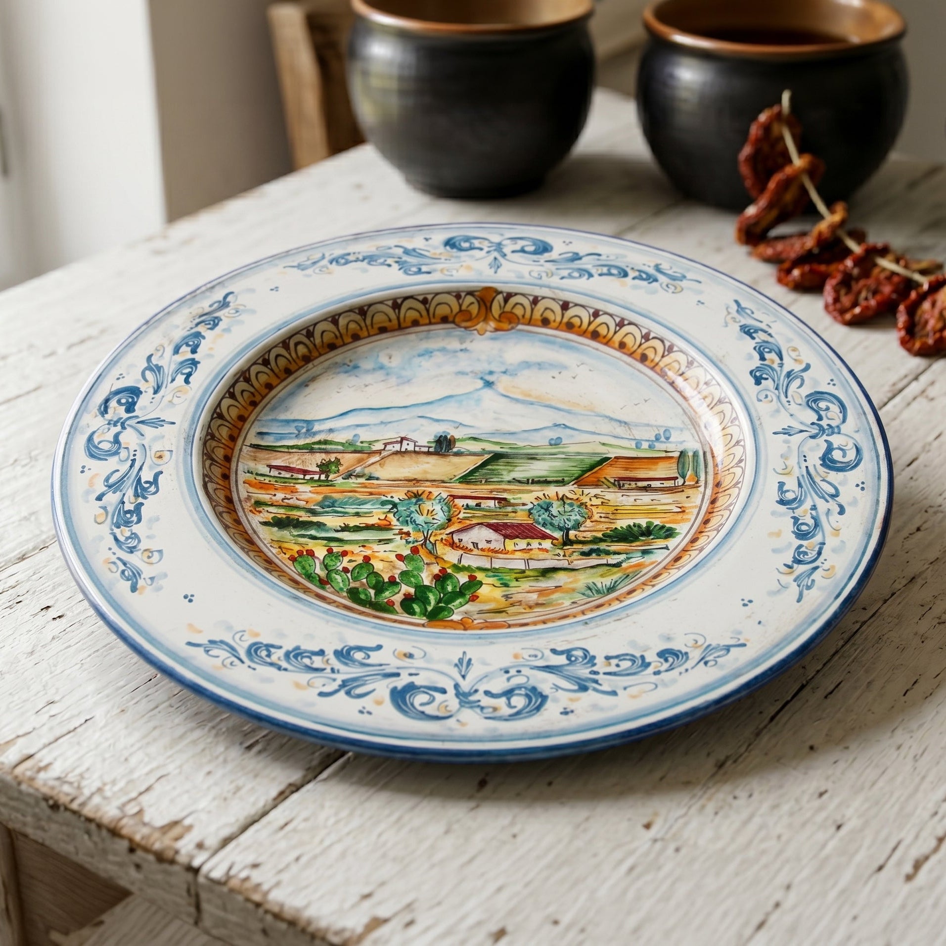 Caltagirone Ceramic Plate Cappello Prete — Etna Landscape, Blue and Orange | Caltagirone Ceramic – Sicilian artisan tradition