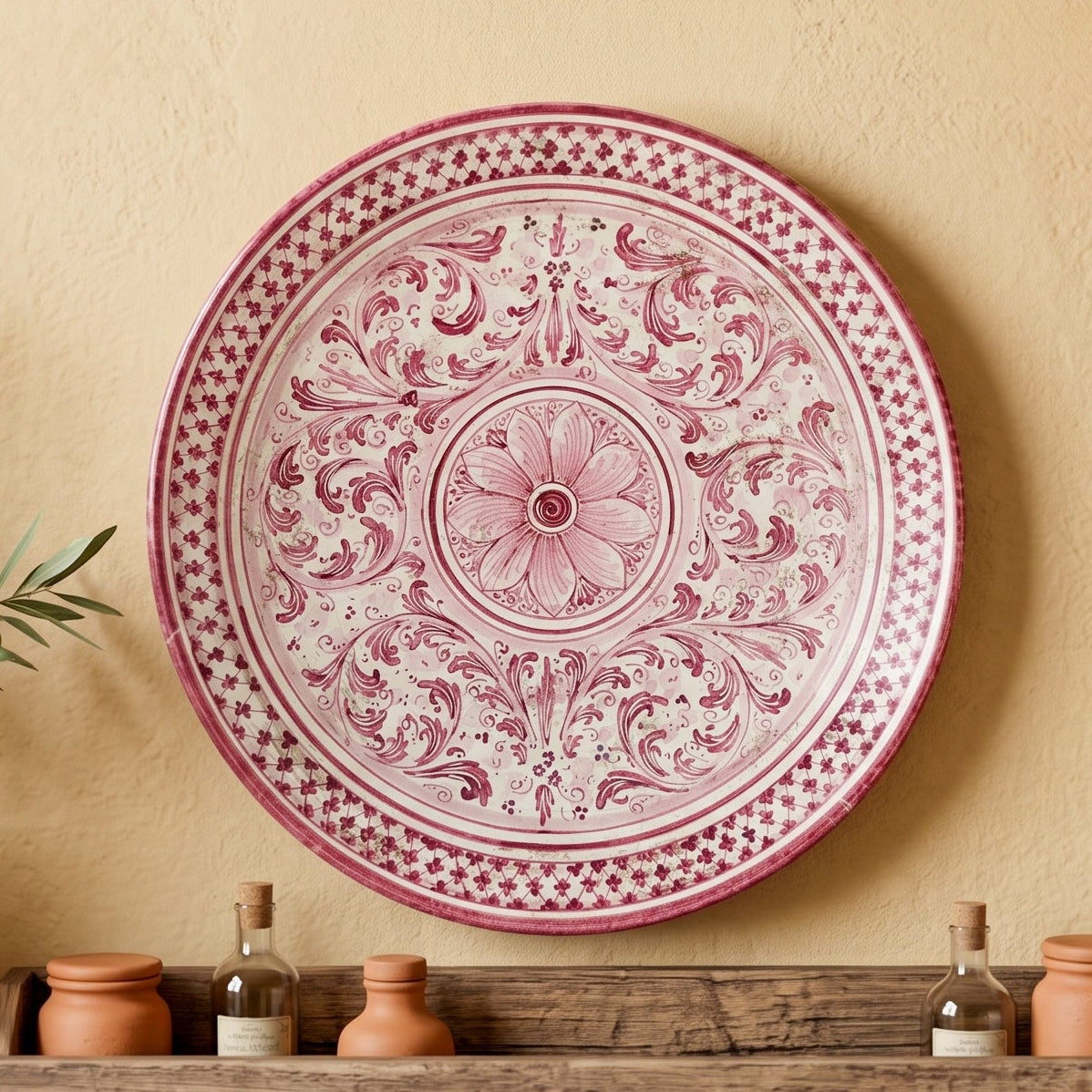 Sicilian Decorative Wall Plate, Mono Bordeaux, Art Edition – Italian ceramic from Caltagirone, Sicily