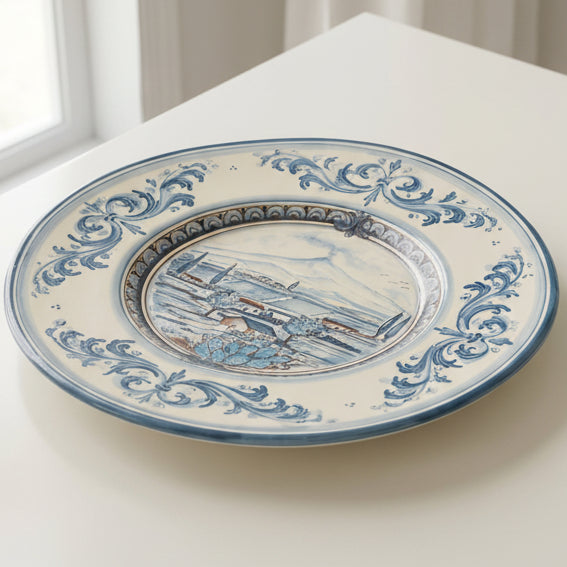 Caltagirone Ceramic Plate Cappello Prete — Etna Landscape, Mono Blue | Italian ceramic from Caltagirone, Sicily
